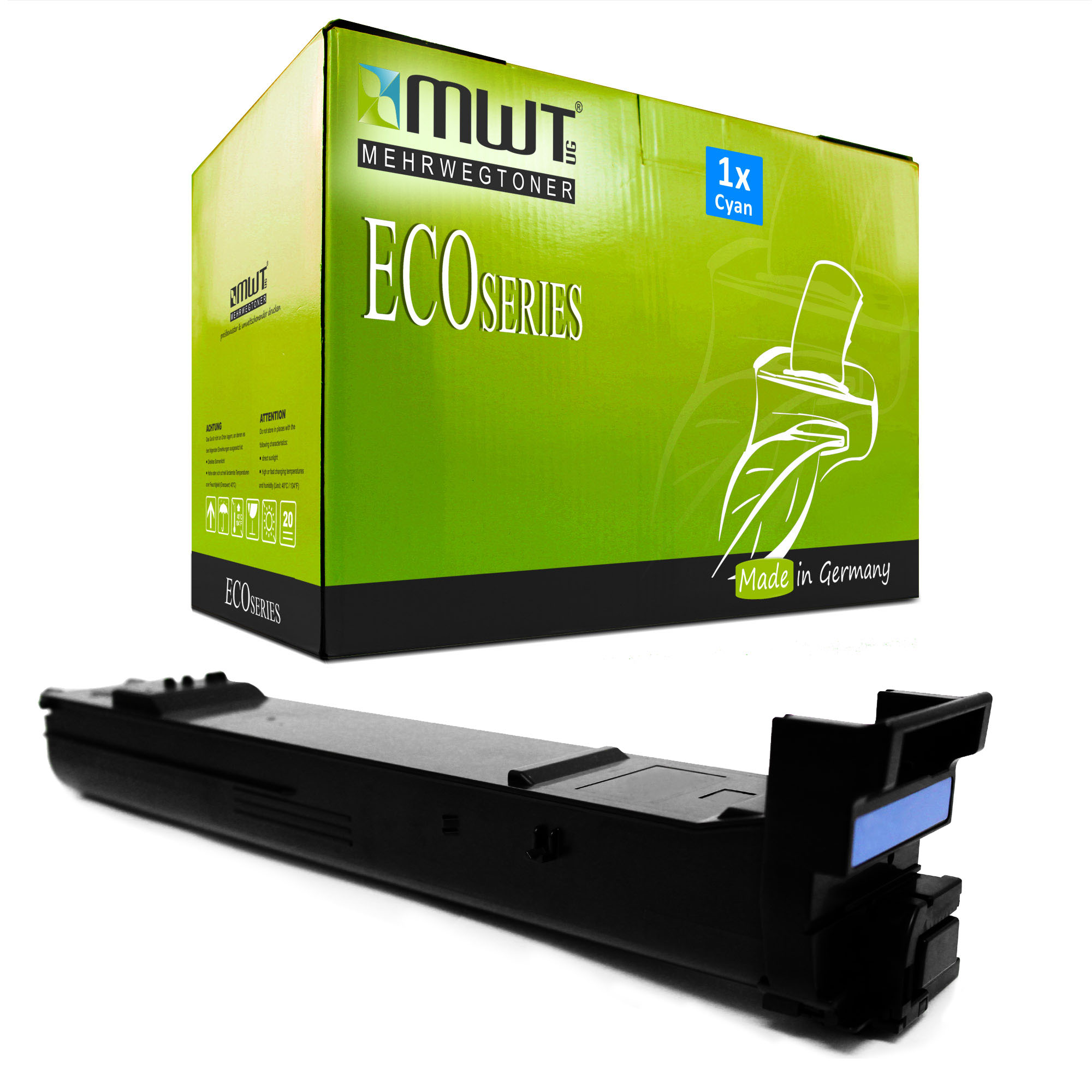 Eine Cyan-Tonerkartusche und eine grün-weiße Schachtel. Auf der Schachtel steht ECO Series, made in Germany.