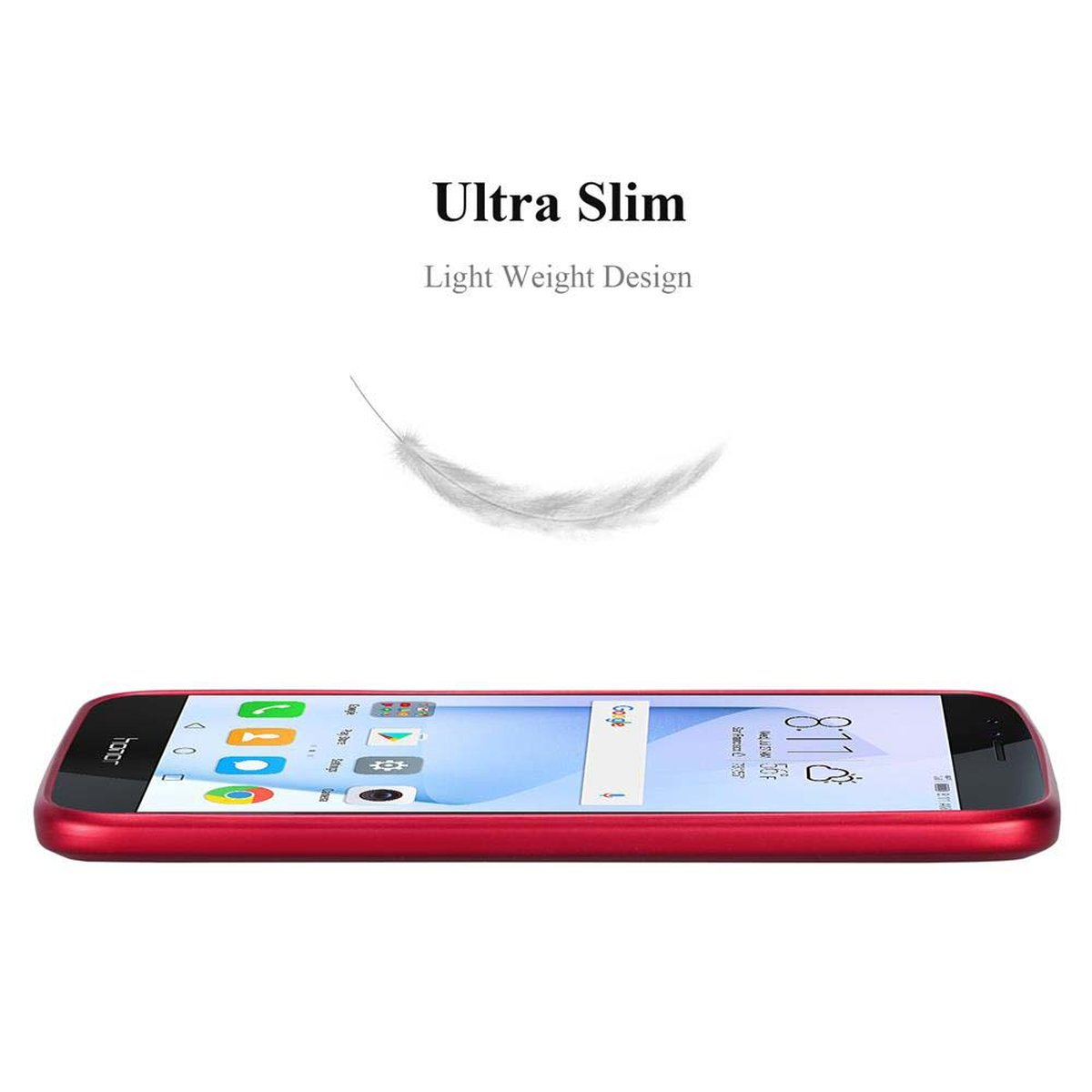 Rote Handyhülle mit Feder und Text, Ultra Slim Light Weight Design vor weißem Hintergrund.