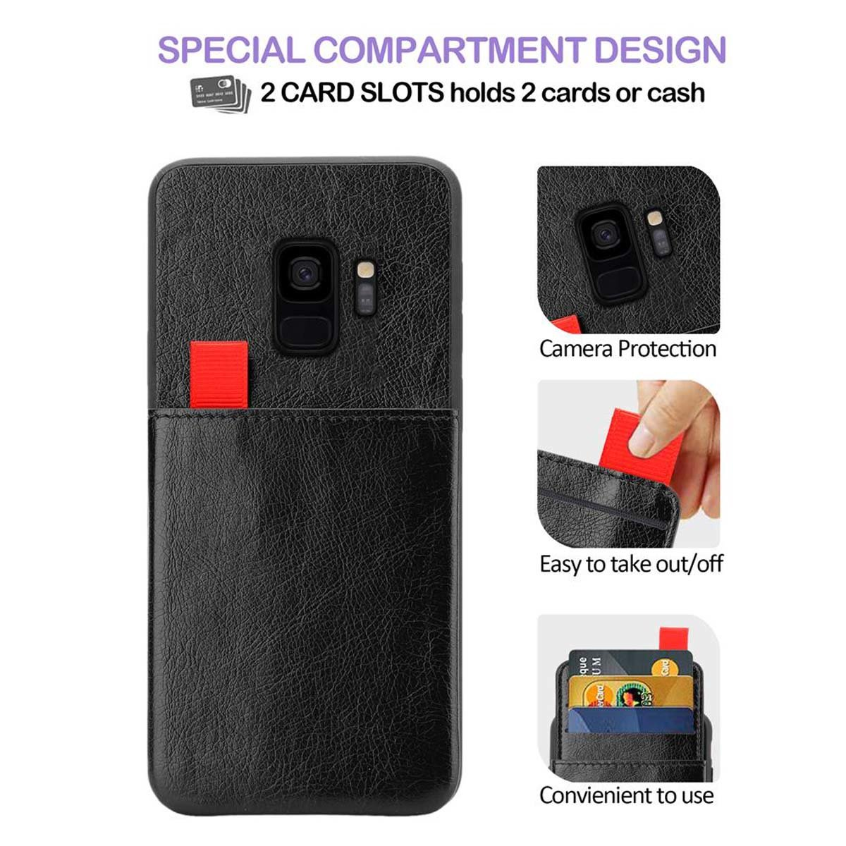 Custodia nera per telefono con fessure per carte. Linguetta rossa per estrarre le carte. Testo: design vano speciale.
