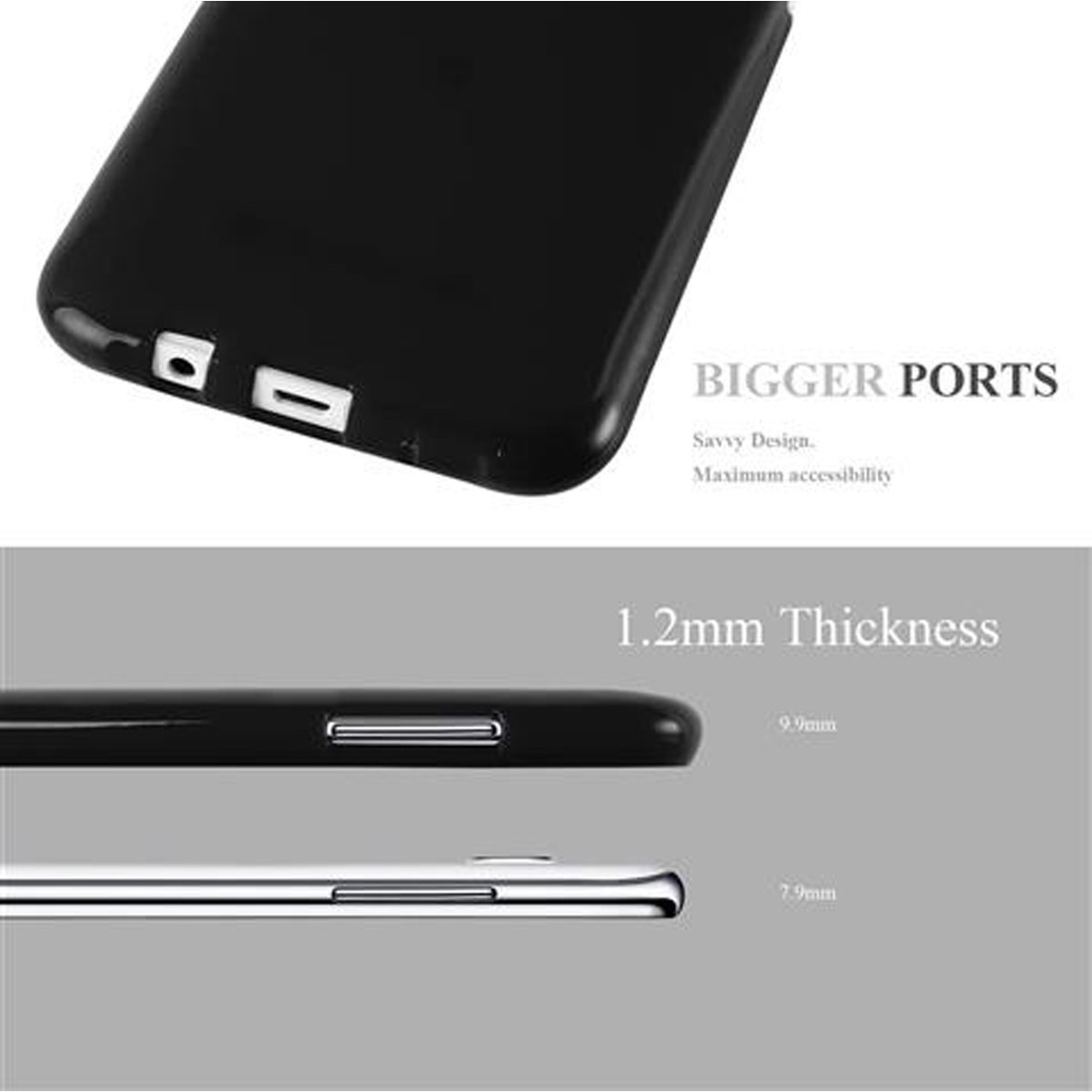 Funda de teléfono negra mostrando puertos y detalles de grosor. Texto: "Puertos más grandes" y "1,2 mm de grosor".