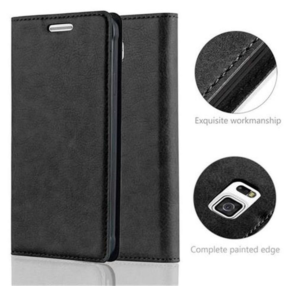 Funda negra para teléfono, dos partes, con primeros planos detallados mostrando bordes y detalles internos.