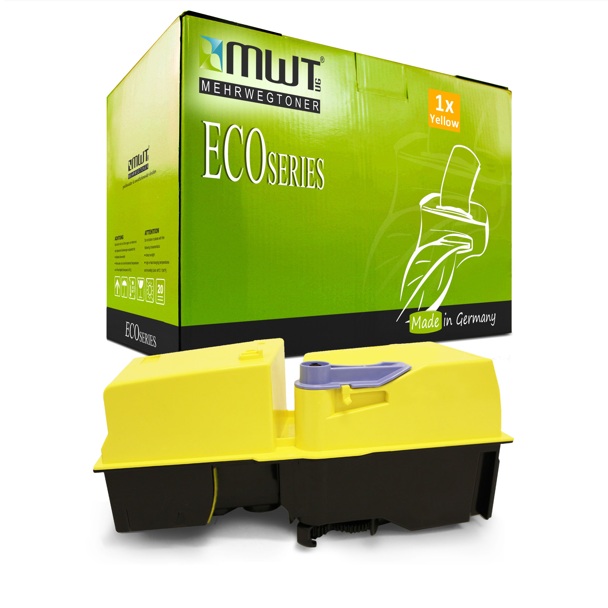 Eine gelbe Tonerkartusche und eine grüne Schachtel mit Text. Auf der Schachtel steht ECOSERIES.