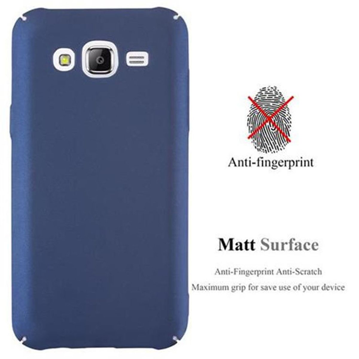 Custodia blu per telefono con ritaglio per fotocamera e flash, testo di protezione dalle impronte digitali.