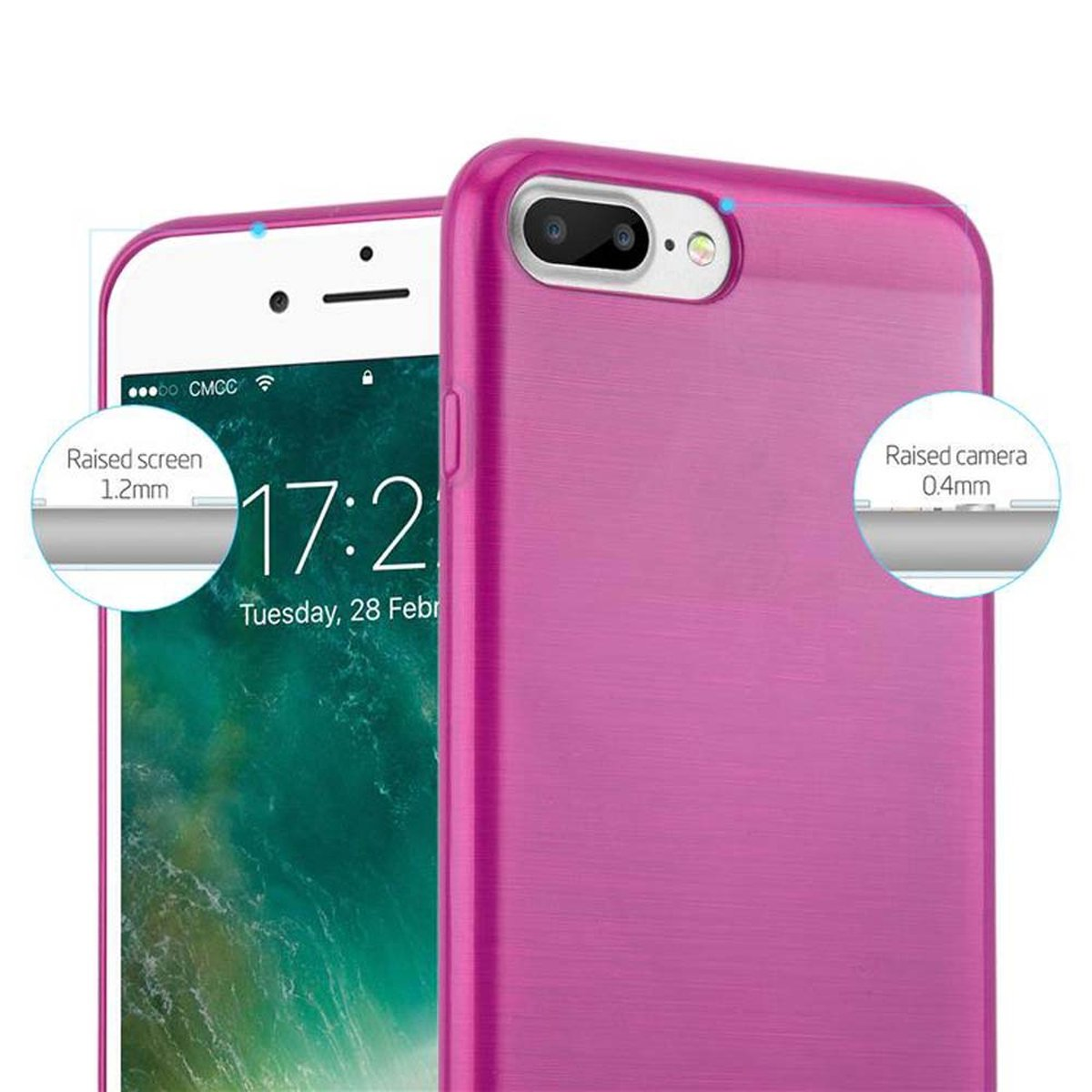 Funda rosa para teléfono con pantalla y cámara elevadas. Fondo blanco.
