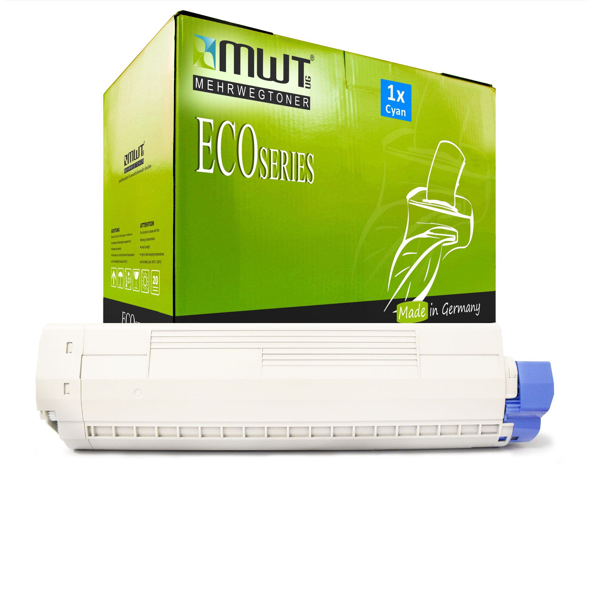 Cyan Toner und grüne Box mit ECO SERIES Text.