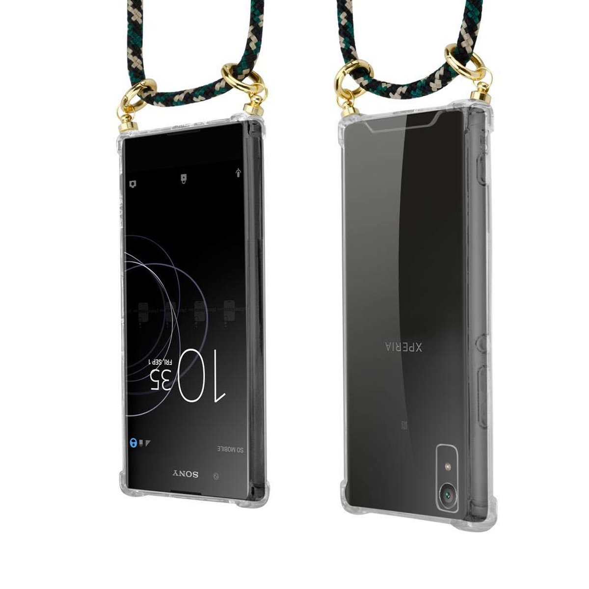 CADORABO Handy CAMOUFLAGE Band Xperia Backcover, Gold und Hülle, Sony, mit abnehmbarer Ringen, Kette Kordel XA1