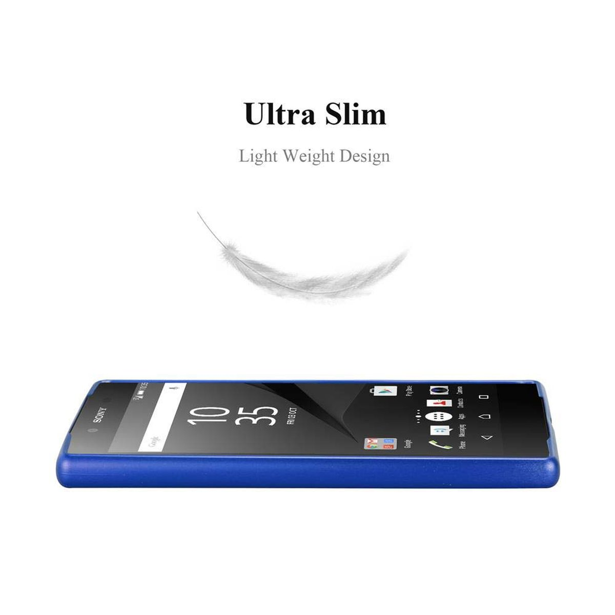 Un telefono blu, disteso. Una piuma fluttua sopra di esso.