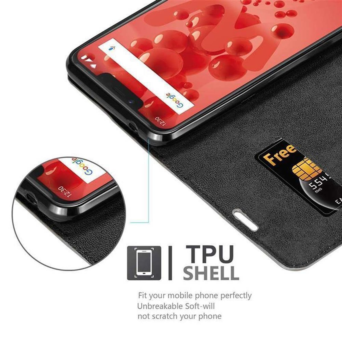 Telefon in schwarzem Gehäuse. Eine Karte wird eingesetzt. TPU-Schalen-Etikett, Text: Passen Sie Ihr Mobiltelefon perfekt an.