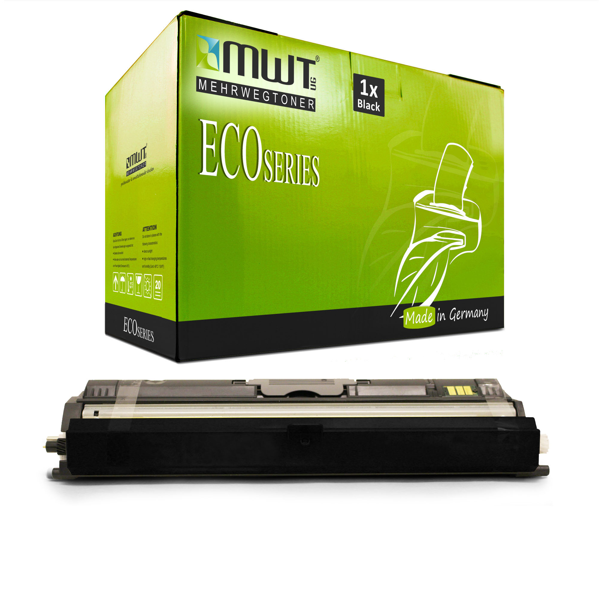Schwarze Tintenpatrone unter einer grün-weißen Box. Auf der Box steht ECO SERIES und MADE IN GERMANY.