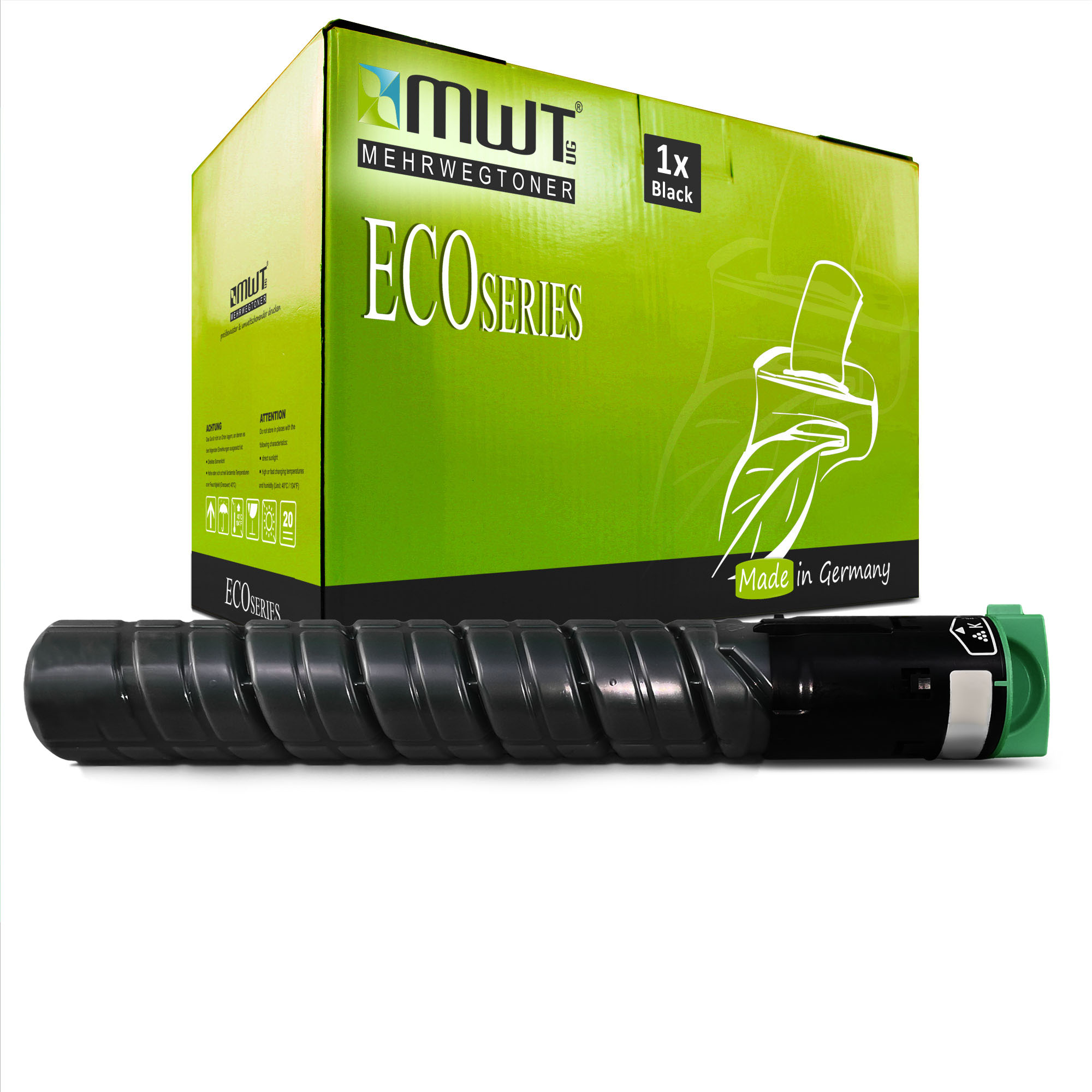 Schwarze Tintenpatrone unter einer grün-weißen Box. Auf der Box steht ECO SERIES und MADE IN GERMANY.