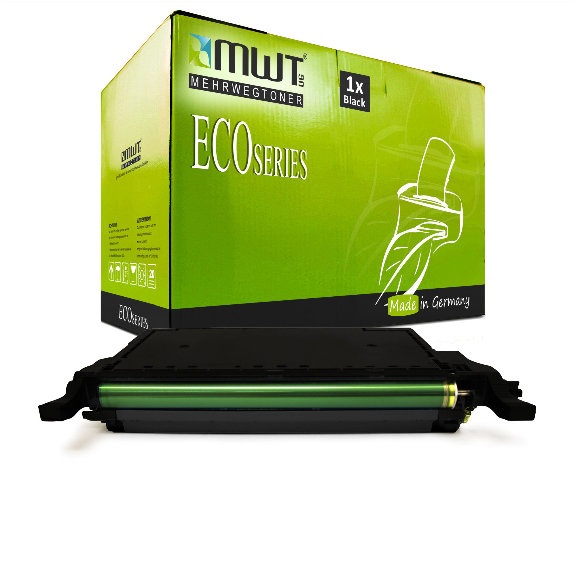 Schwarze Tonerkartusche mit grüner Box. Die Box trägt die Aufschrift 'ECO SERIES', 'Made in Germany'. Die Kartusche ist schwarz.