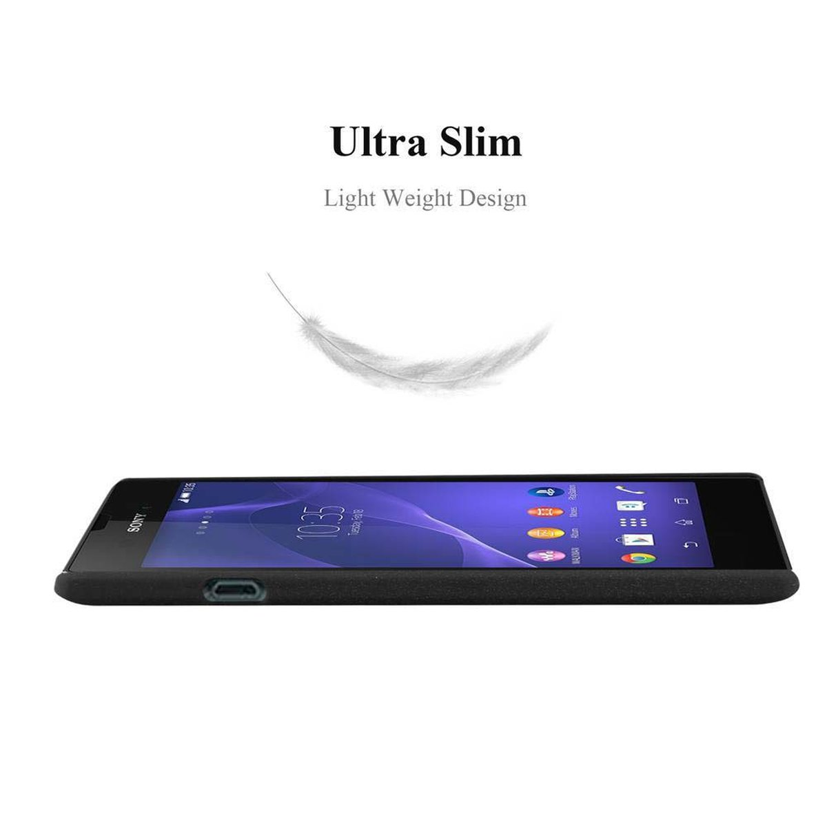 Ein schwarzes Telefon auf der Seite mit einer Feder darüber. Das Bild ist mit „Ultra Slim“ und „Light Weight Design“ beschriftet.