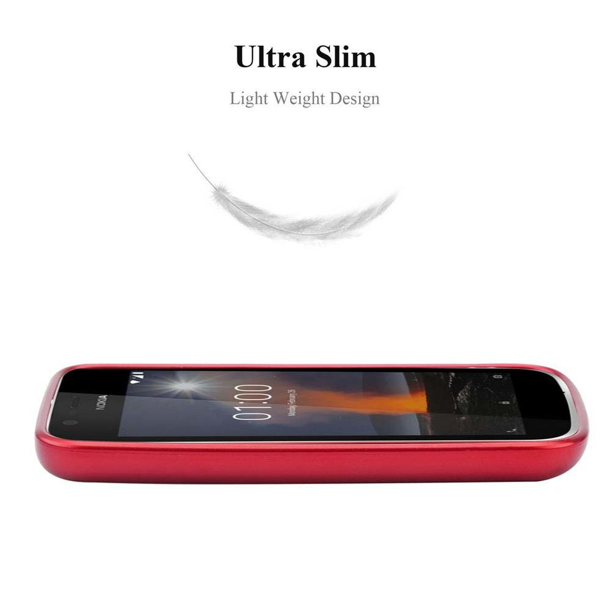 Rotes Telefon, Seitenansicht. Text: Ultra Slim, Light Weight Design. Eine Feder schwebt darüber.