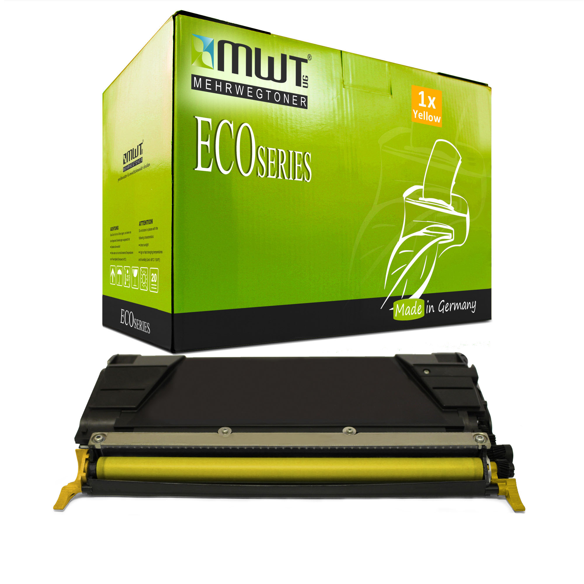 Grün-weiße Box mit einer gelben Tintenpatrone. Auf der Box steht ECO SERIES. Weißer Hintergrund.