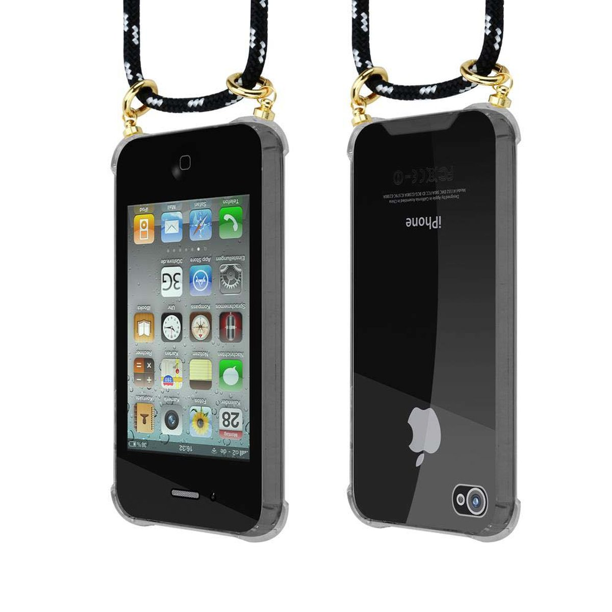CADORABO Handy Kette mit Ringen, 4S, Hülle, und / iPhone abnehmbarer Gold Band Backcover, Kordel 4 SCHWARZ Apple, SILBER