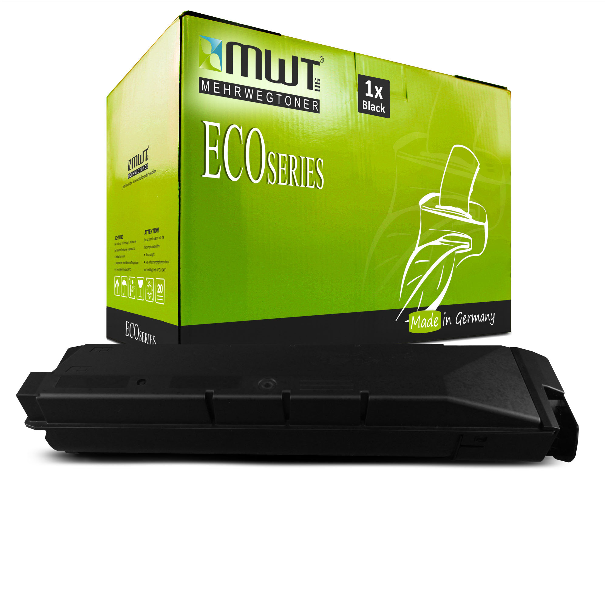 Eine schwarze Tonerkartusche und eine grüne Schachtel mit Text. Auf der Schachtel steht ECOSERIES.