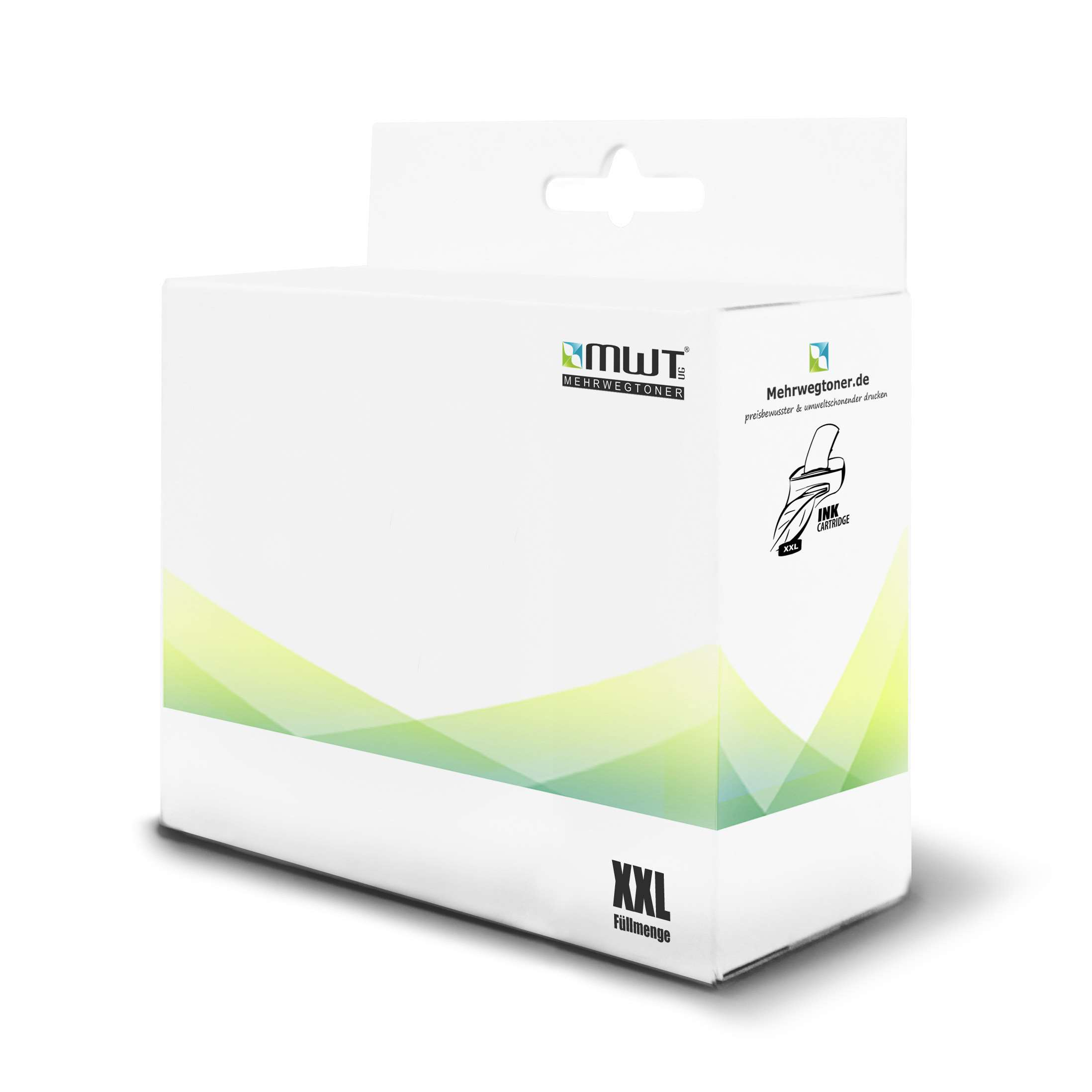 Weiße Tintenpatronenbox mit 'MWT'-Logo und grün-gelbem Farbverlauf.