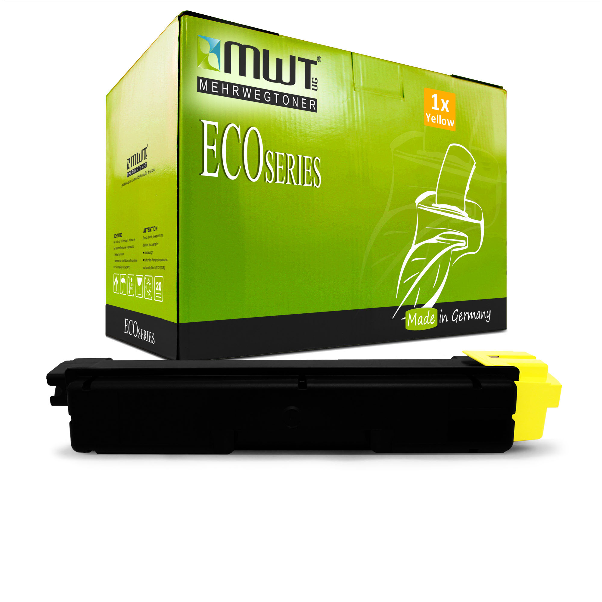 Gelber Toner und grüne Box mit ECO SERIES Text.