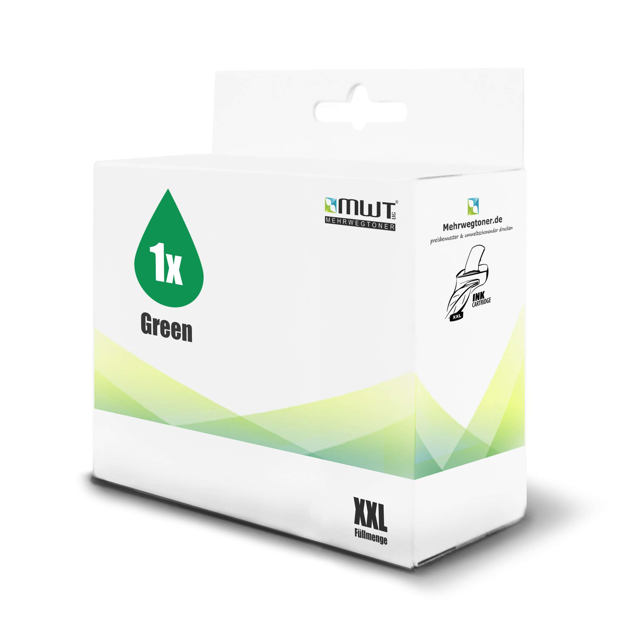 Weiße Tintenpatronenbox mit grünem Tintenklecks, 'Green' und 'XXL' unten.