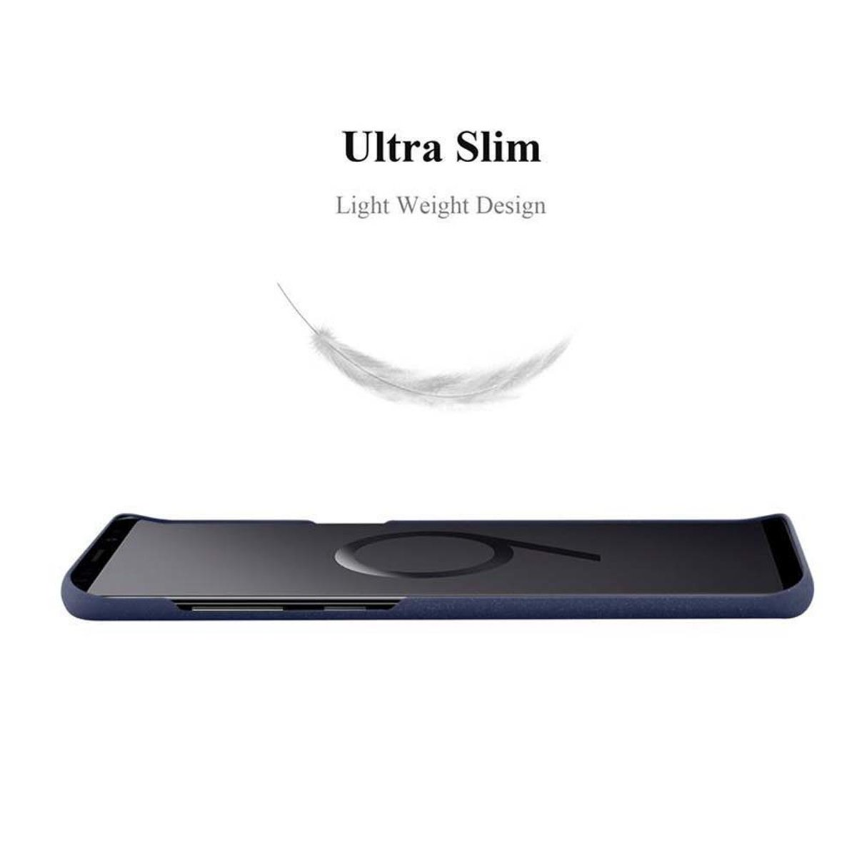 Telefon mit blauer Hülle, Feder, ultraflaches Design.