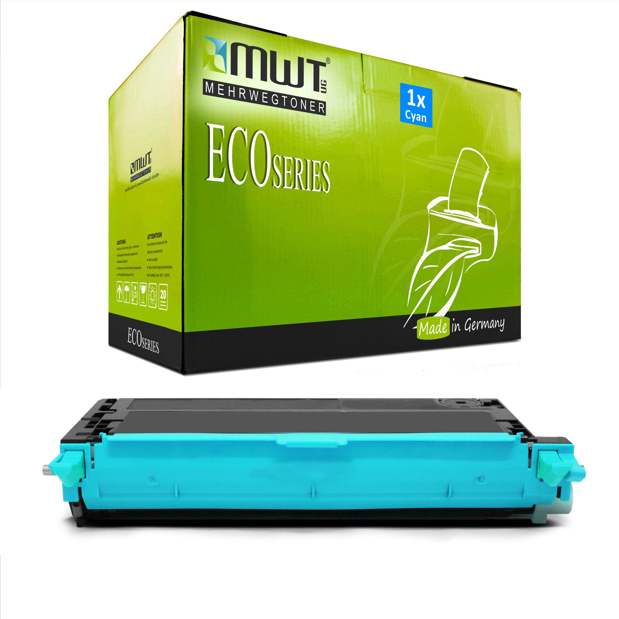 Cyan-Tintenpatrone und -Box mit grünem und weißem Design. Weißer Hintergrund.