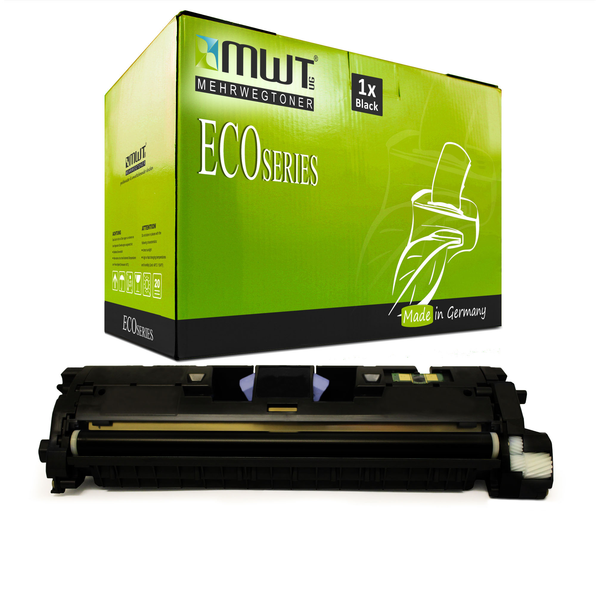 Schwarze Tonerkartusche und grüne Box. Box sagt 'ECO SERIES', 'Made in Germany'. Kartusche ist schwarz.