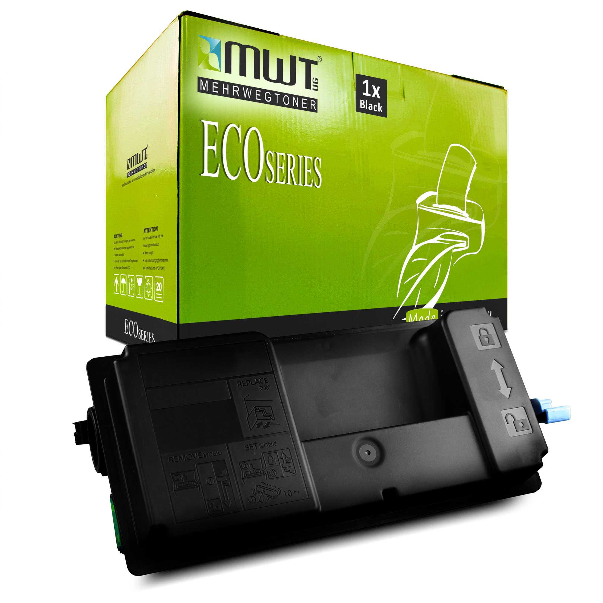 Grün-weiße Box mit einer schwarzen Tintenpatrone. Auf der Box steht ECO SERIES. Weißer Hintergrund.