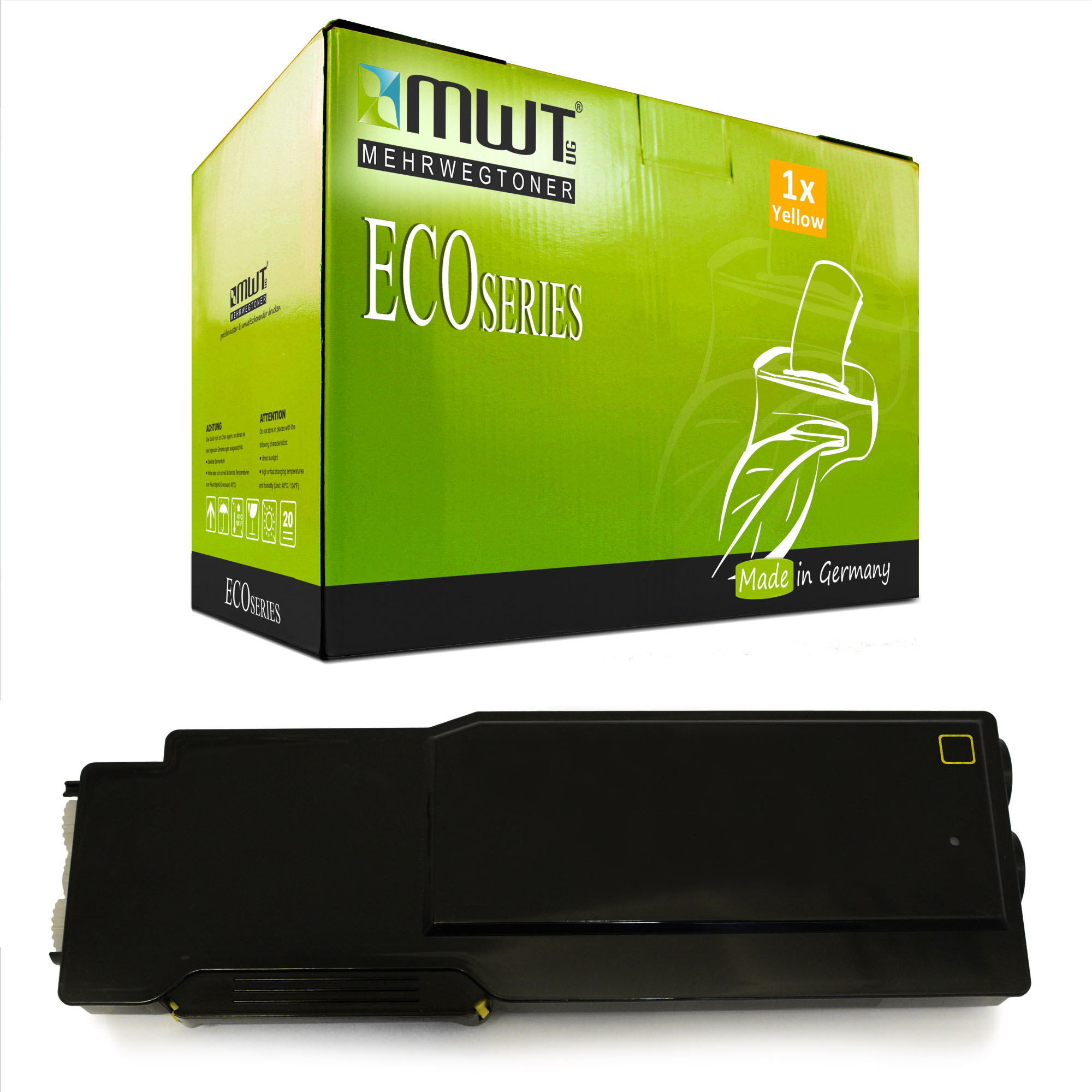 Gelber Druckertoner mit Karton im Hintergrund. Auf der Box steht 'ECO SERIES'.