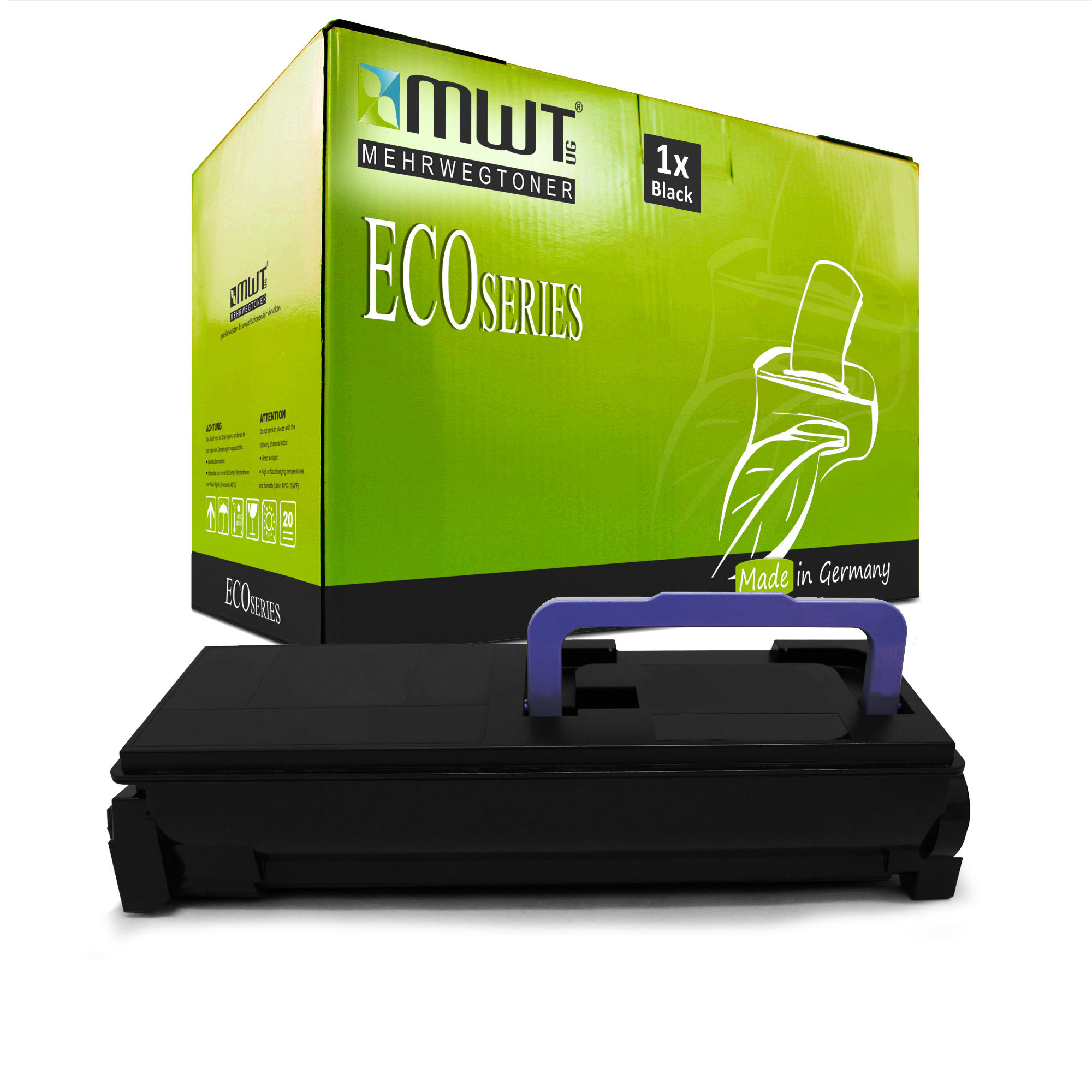 Schwarzer Druckertoner mit Karton im Hintergrund. Auf der Box steht 'ECO SERIES'.