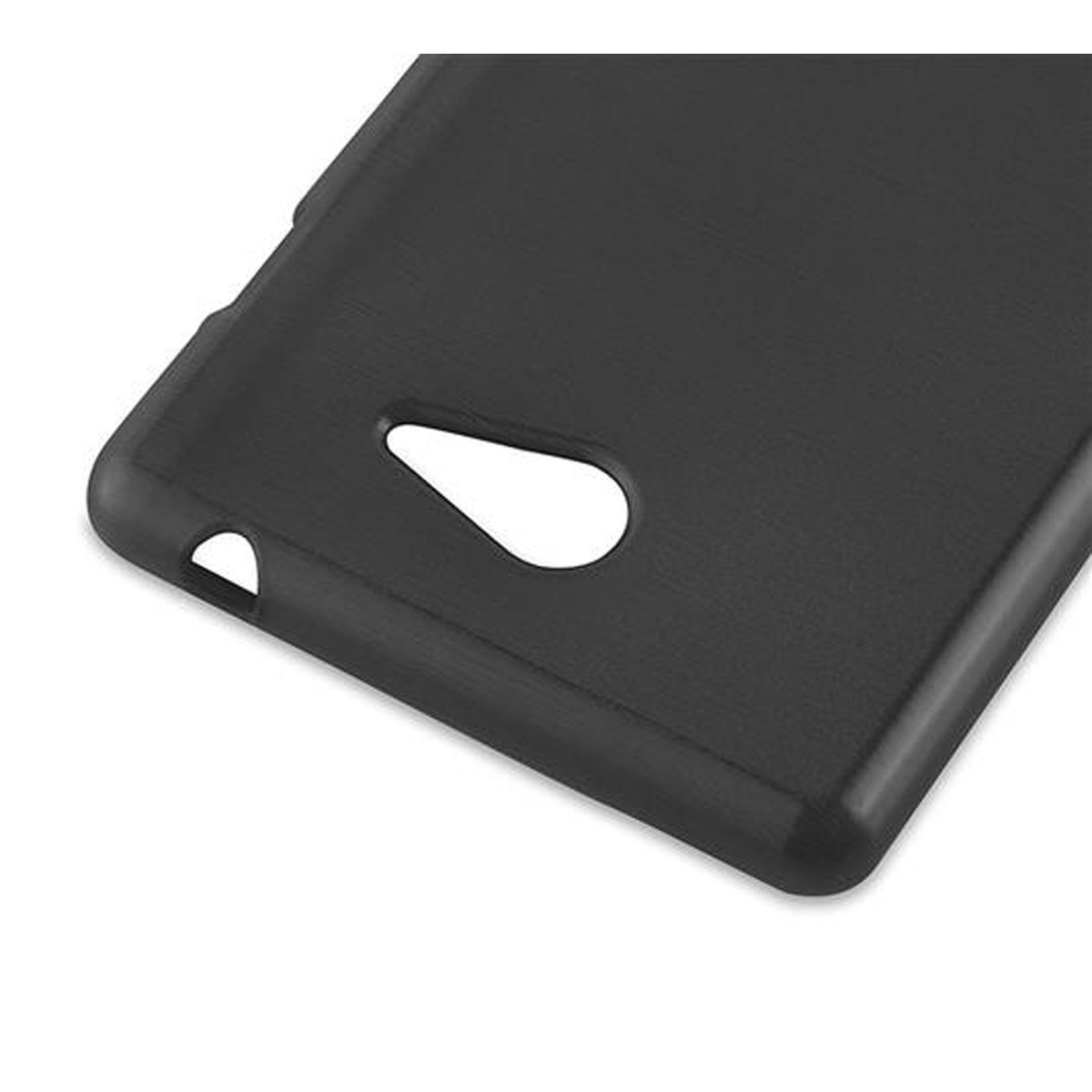 Custodia nera per telefono. Ha ritagli per fotocamera e altre porte. La custodia è su una superficie bianca.