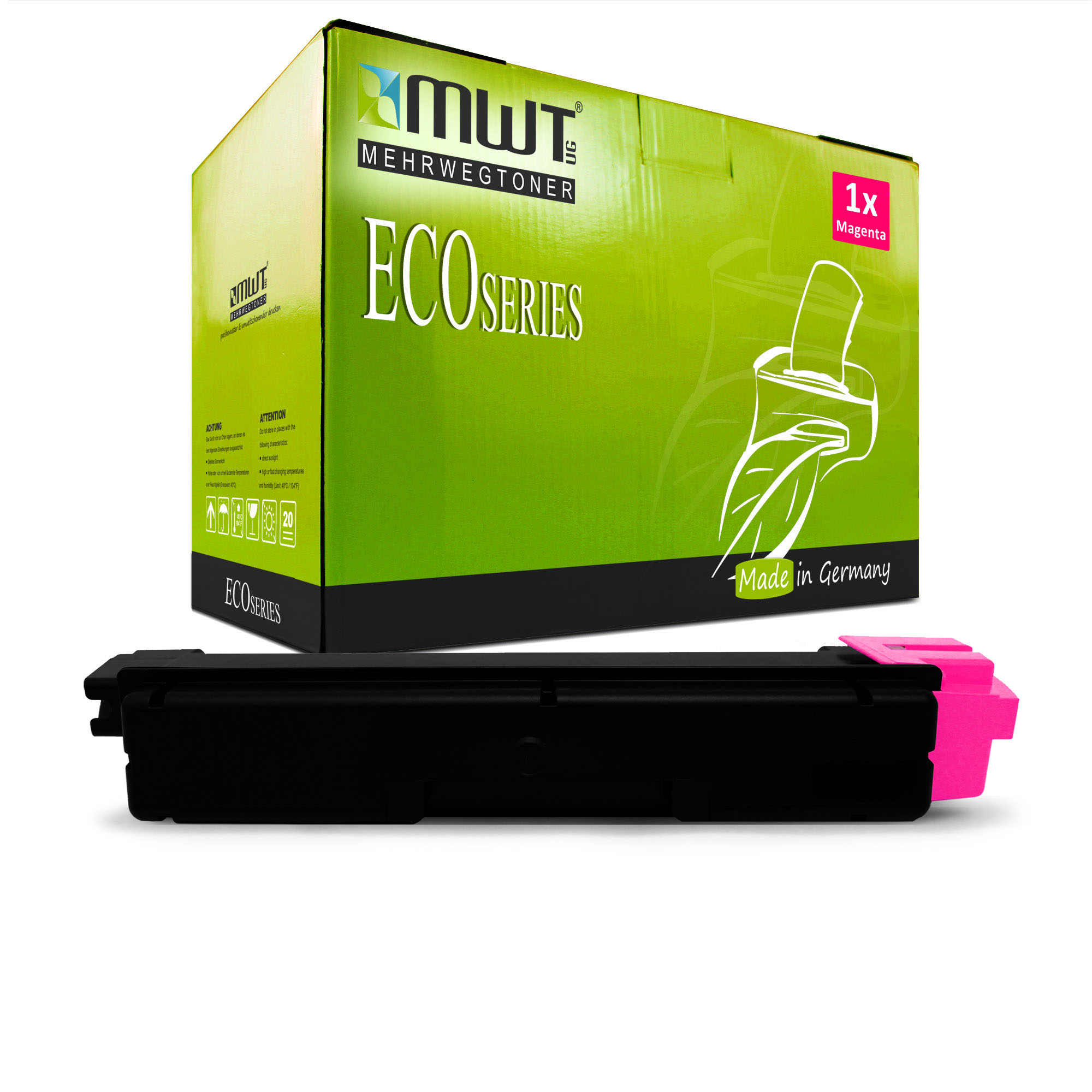 Magenta-Tintenpatrone und -Box mit grünem und weißem Design. Weißer Hintergrund.