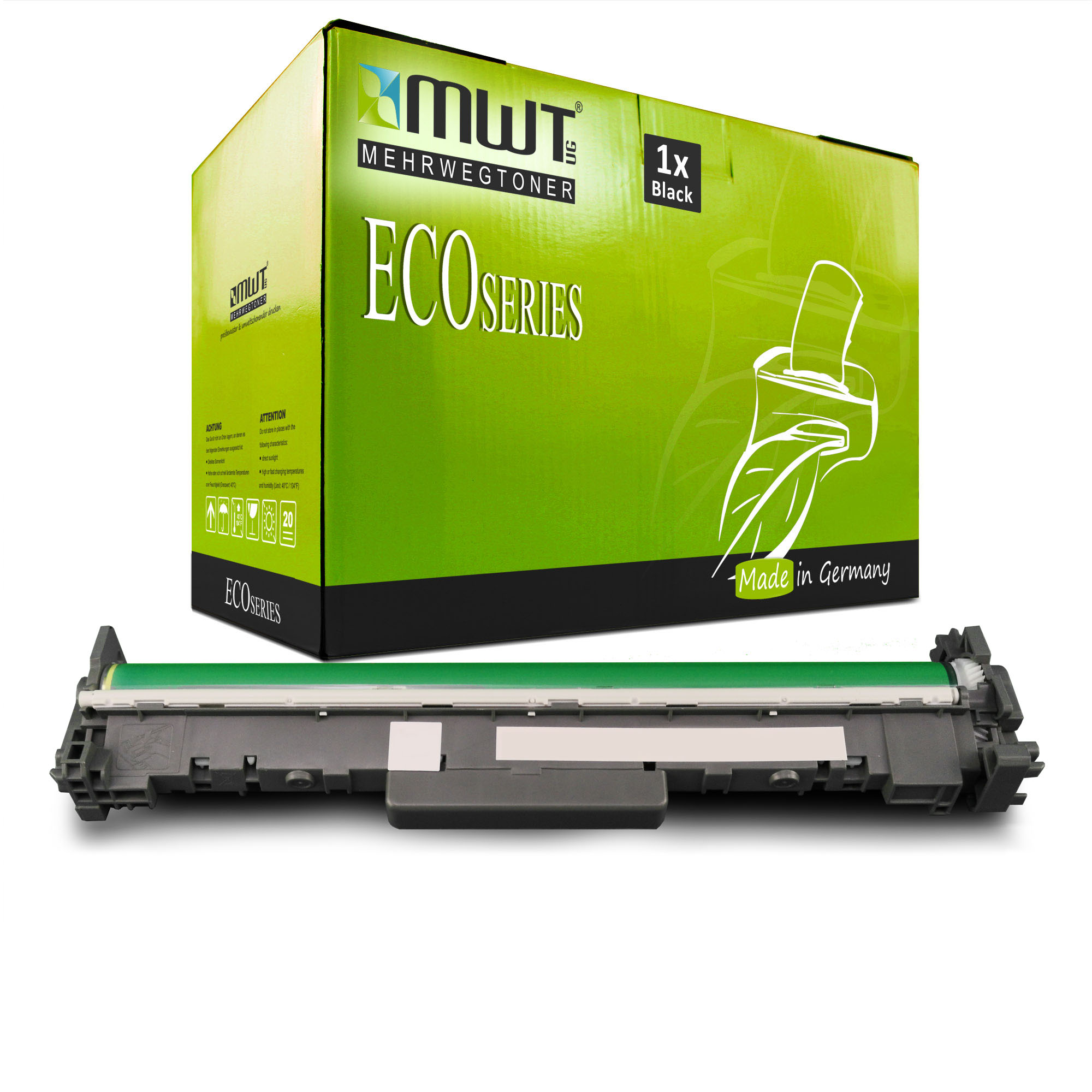 Grüne und schwarze Tintenpatrone und eine grün-weiße Schachtel mit 'ECO SERIES'. Weißer Hintergrund.
