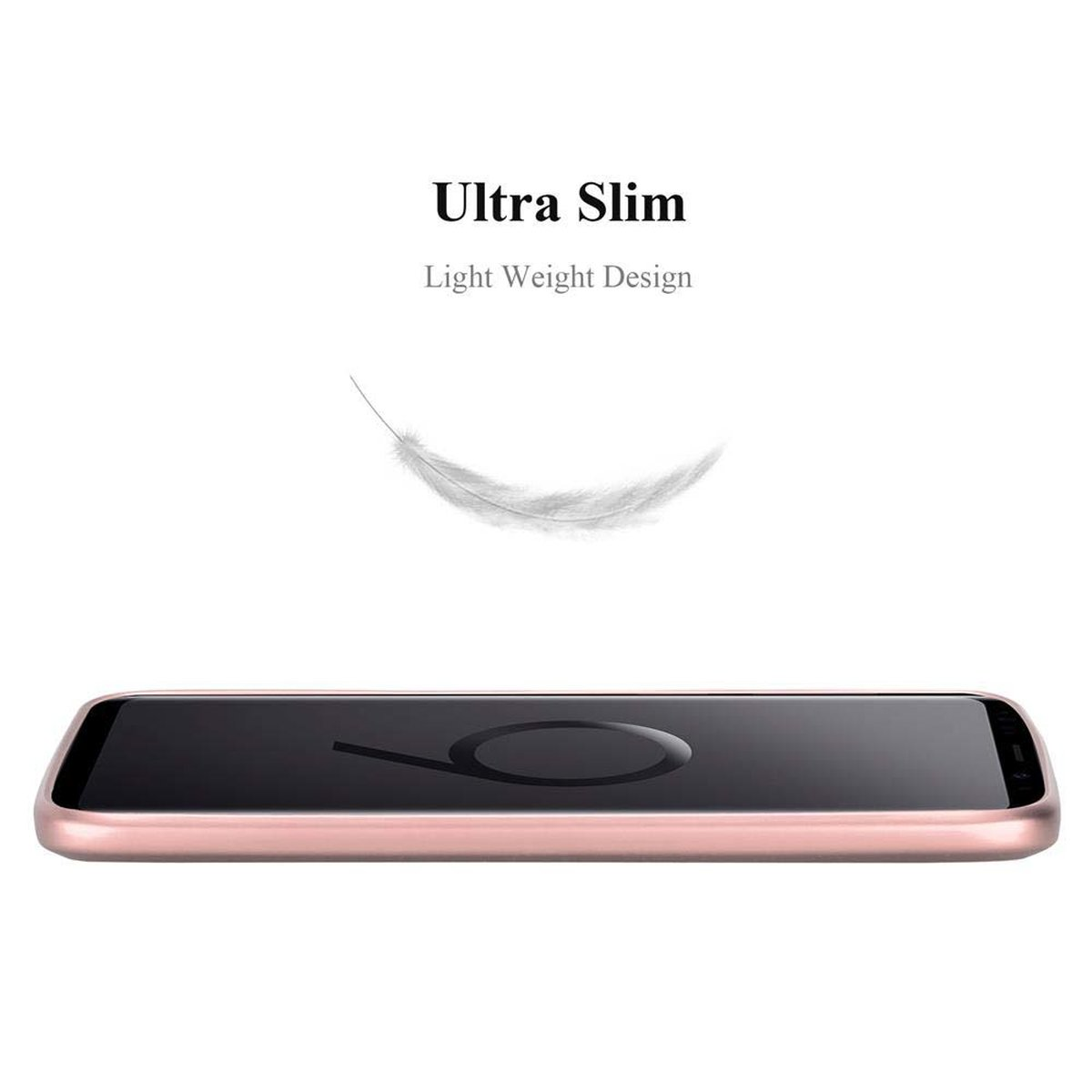 Ein roségoldenes Telefon, das liegt, und eine Feder, die darüber schwebt. Text sagt 'Ultra Slim'.
