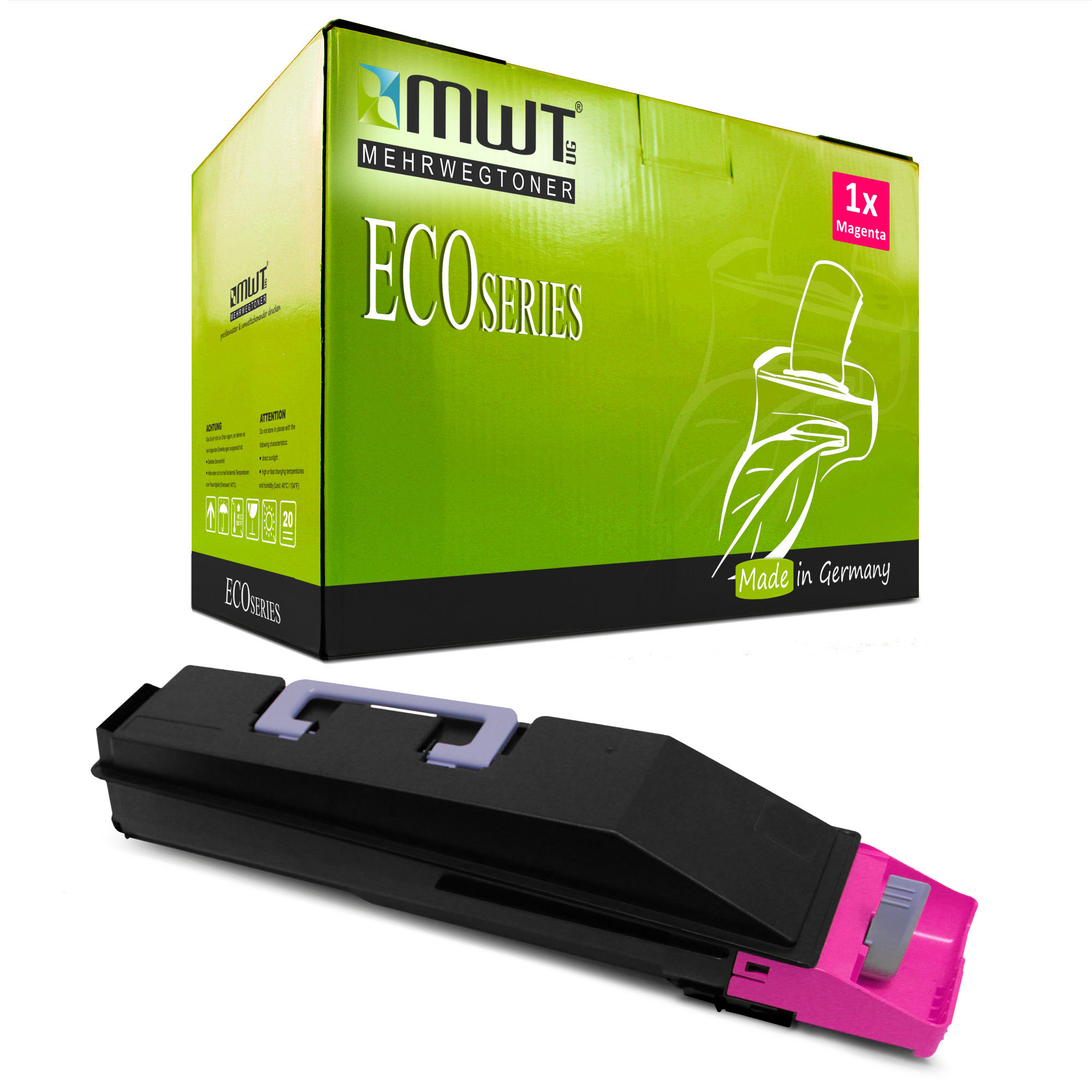 Magenta-Tonerkartusche mit Box. Box mit 'ECOSERIES' und Logo. Patrone vorne.