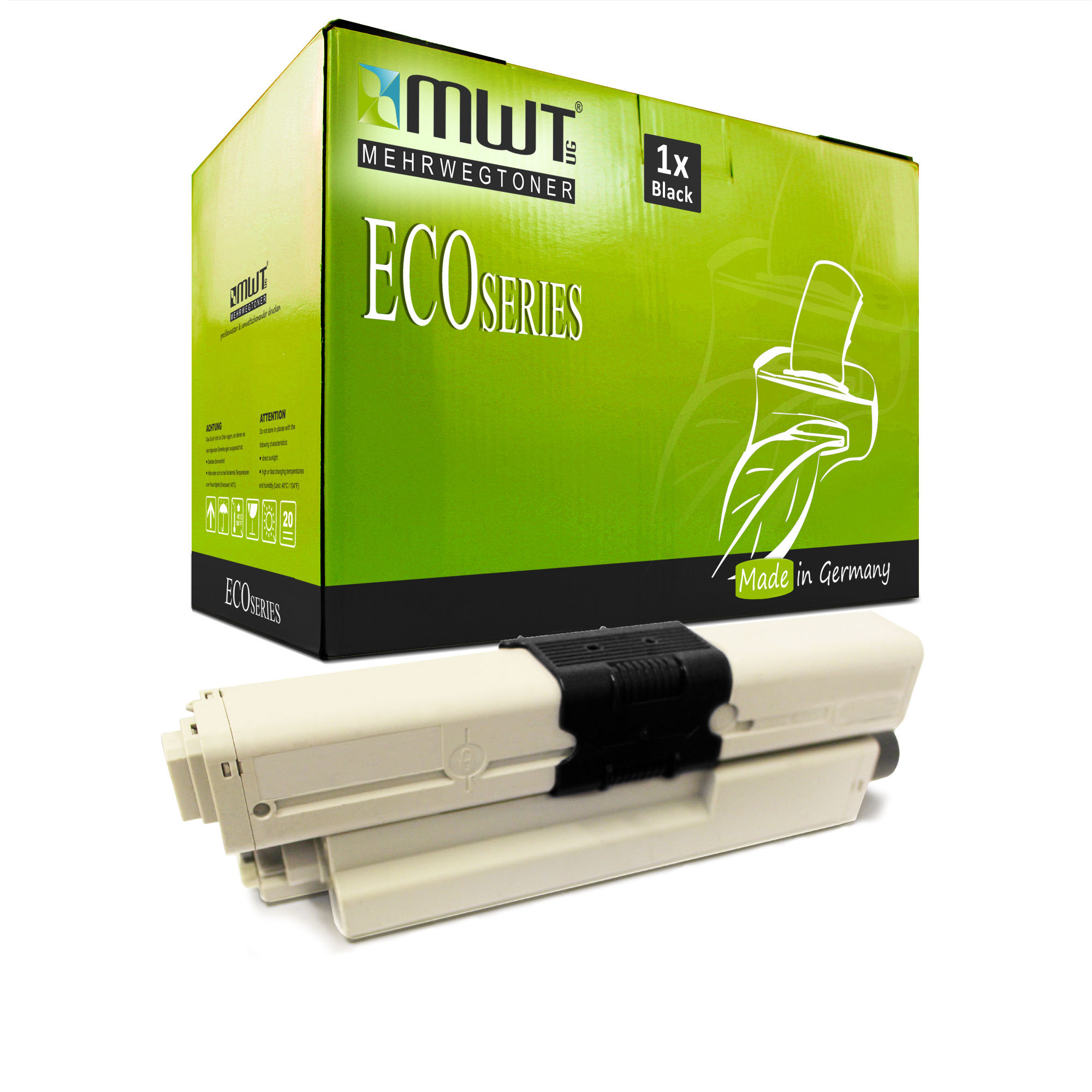 Weiße Tonerkartusche und eine grüne Schachtel mit Text. Auf der Schachtel steht ECOSERIES.