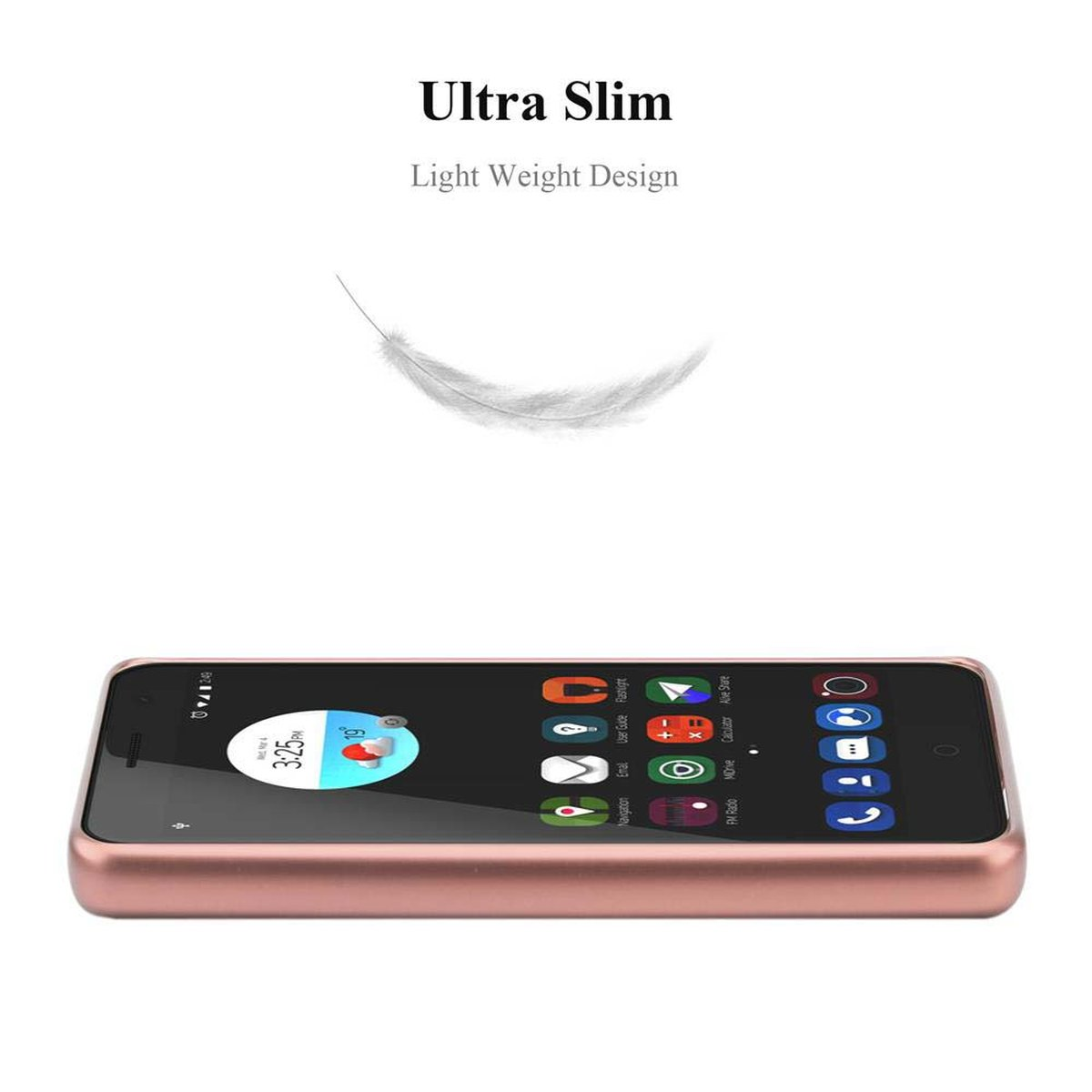 Telefono oro rosa su bianco. Design ultrasottile e leggero. C'è una grafica a forma di piuma sopra.