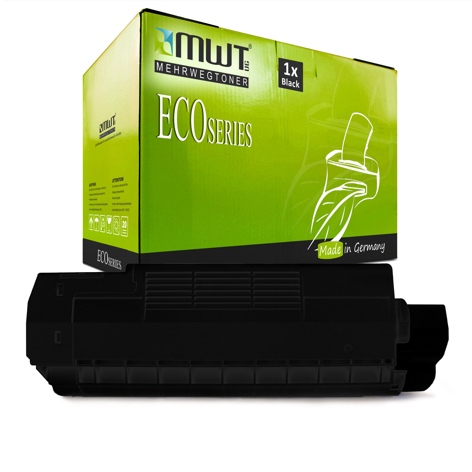 Grüne Box mit 'ECO SERIES' und schwarzer Tintenpatrone auf weißer Oberfläche.