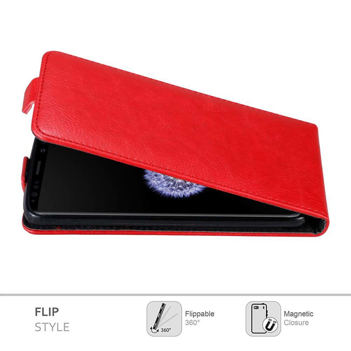 Eine rote Klapp-Handyhülle, geöffnet. Der Telefonbildschirm ist im Inneren sichtbar.