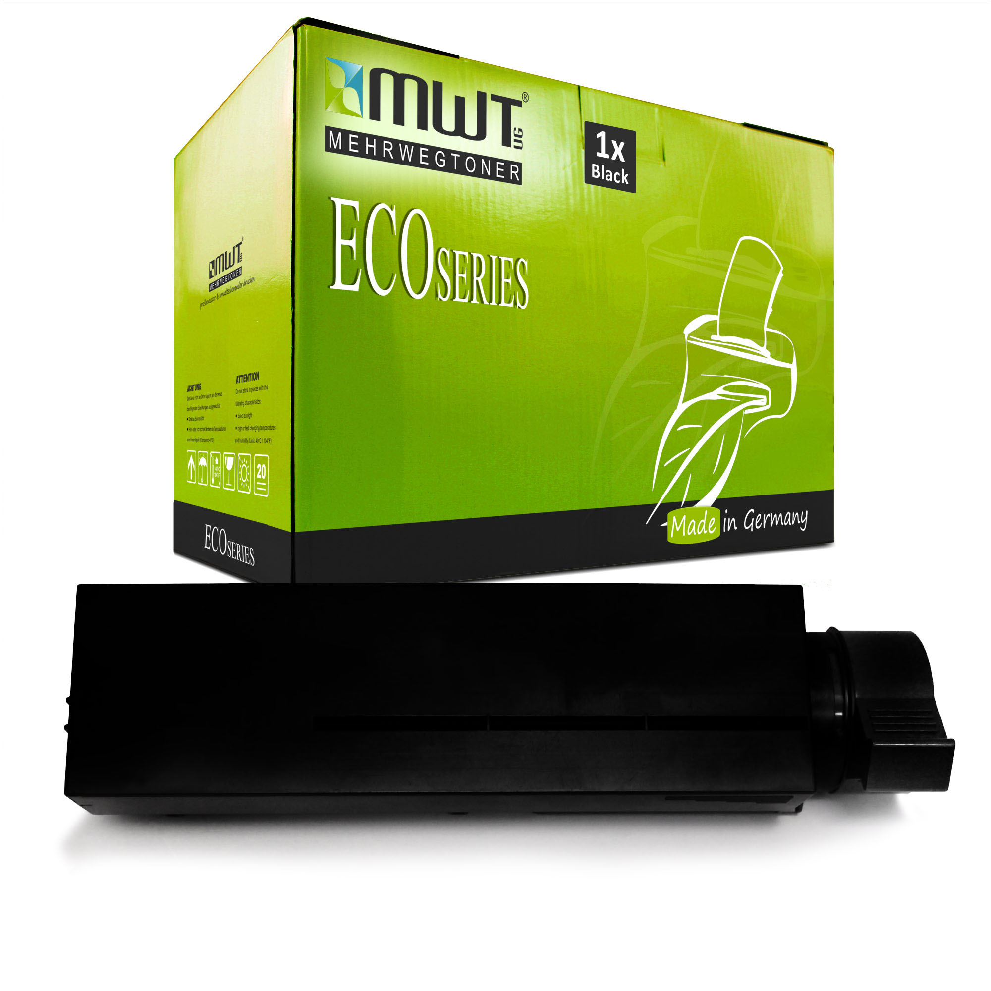 Grün-weiße Box mit einer schwarzen Tintenpatrone. Auf der Box steht ECO SERIES. Weißer Hintergrund.
