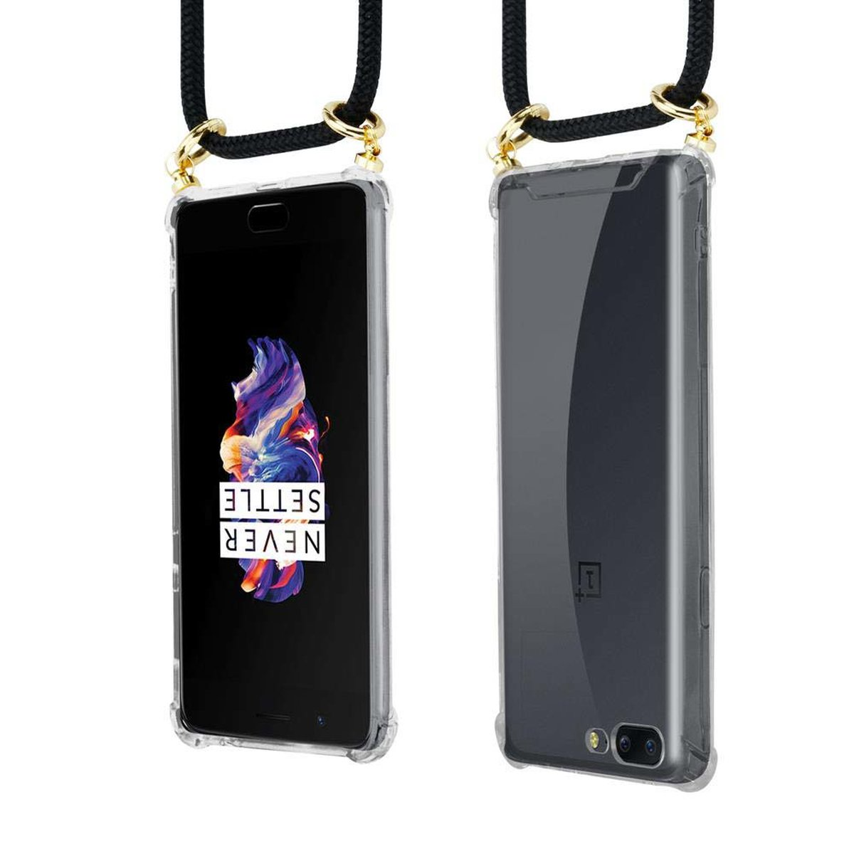 CADORABO Handy SCHWARZ Kordel Kette OnePlus, Hülle, und Ringen, mit abnehmbarer Gold Backcover, 5, Band