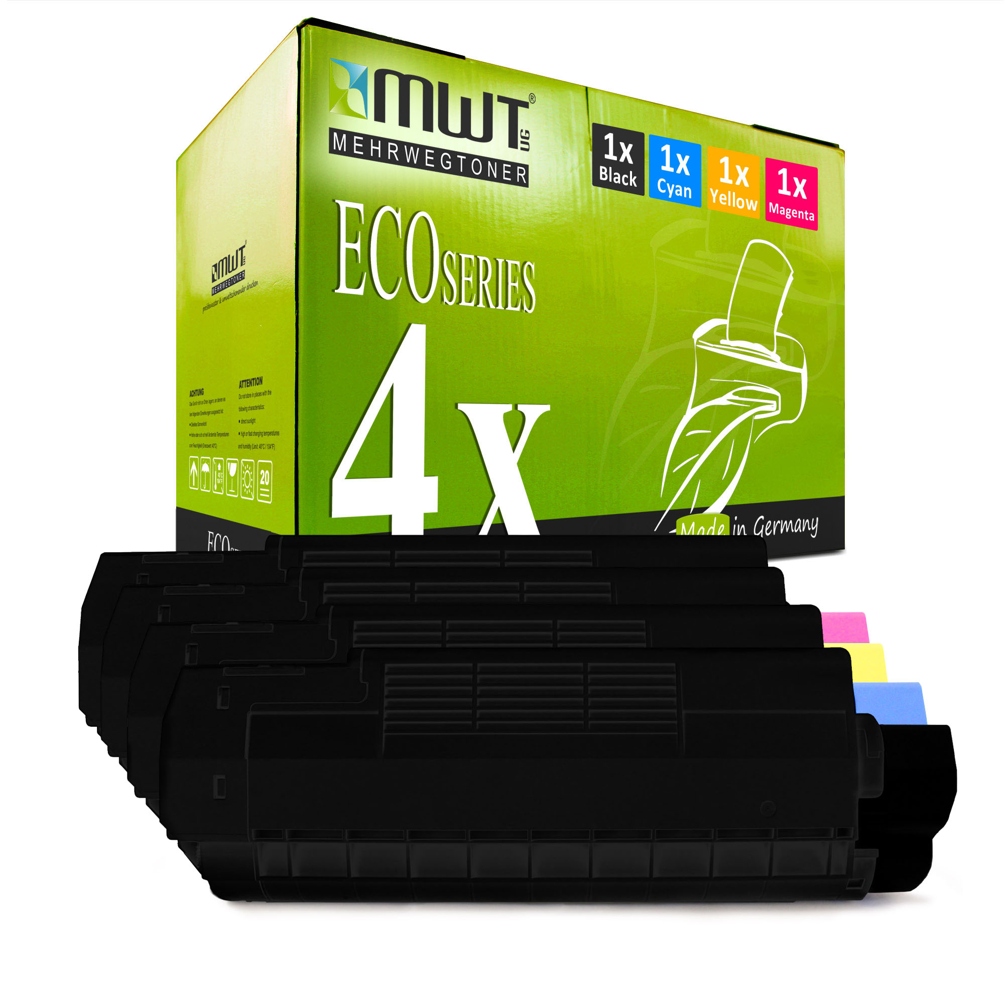 Grüne und schwarze Box, 'ECO SERIES', mit vier schwarzen, cyan, gelben und magenta Tintenpatronen.