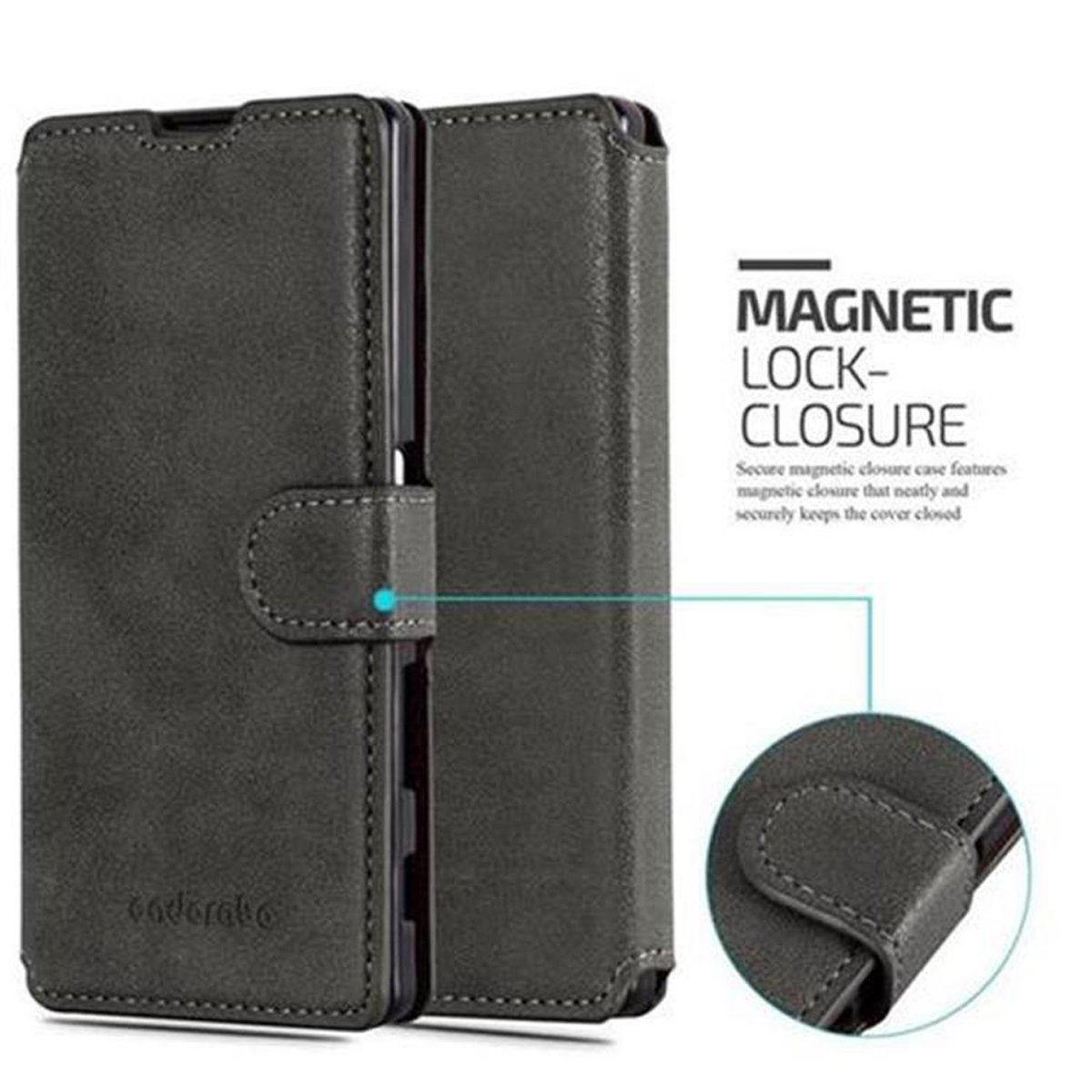 Custodia grigia per telefono con chiusura magnetica. Il testo mostra 'Magnetic Lock-Closure'.