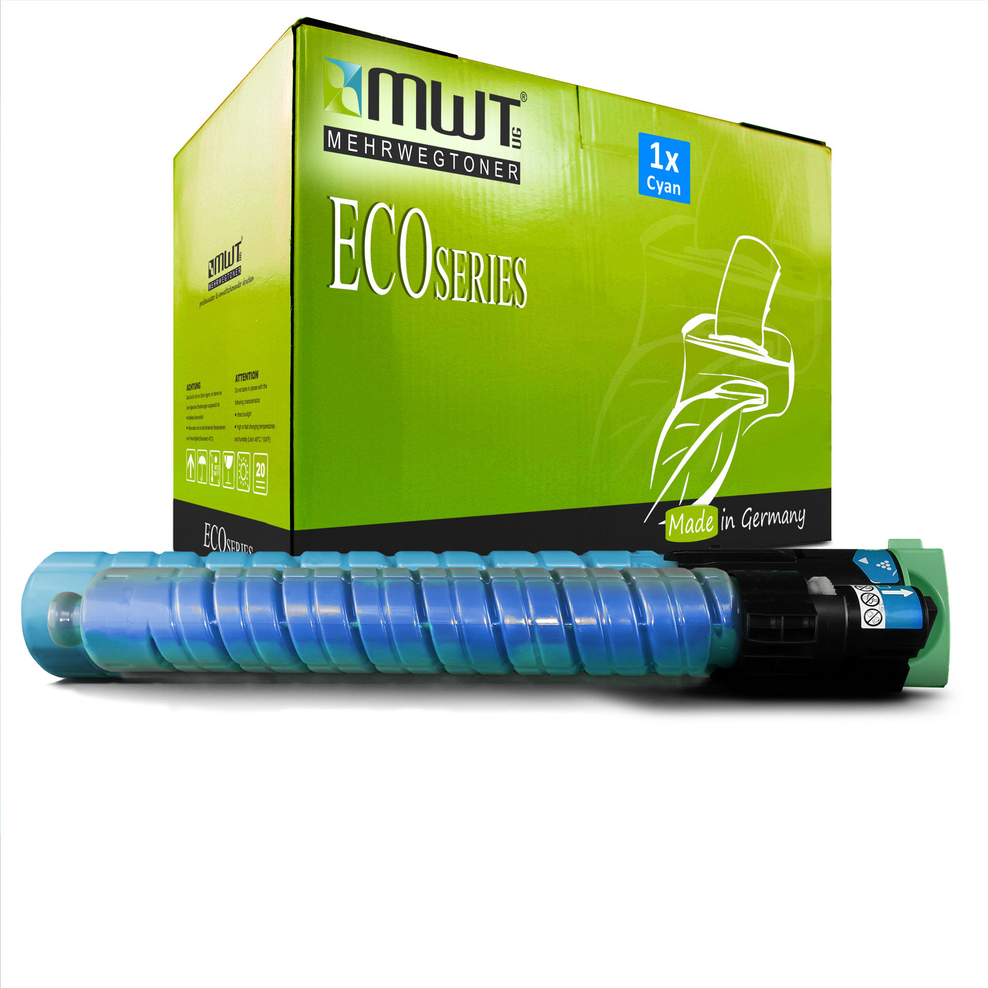 Cyan-Tonerkartusche und -Box. Die Box ist grün und weiß. Die Kartusche ist blau und schwarz.
