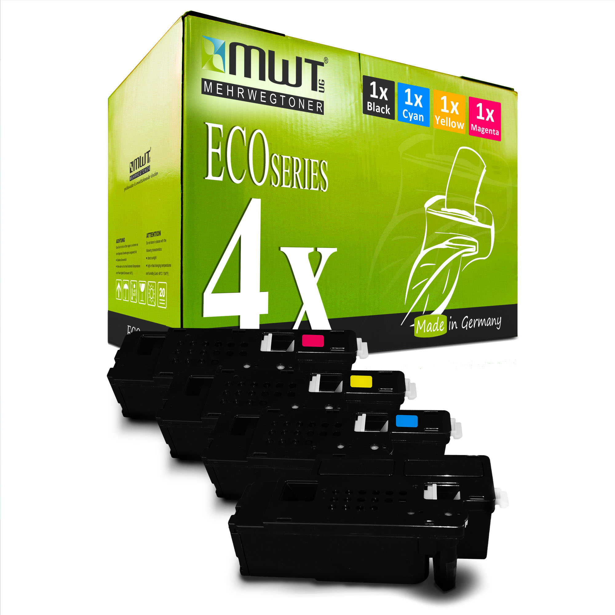 Grün-weiße Box mit vier farbigen Tintenpatronen. Auf der Box steht ECO SERIES. Weißer Hintergrund.