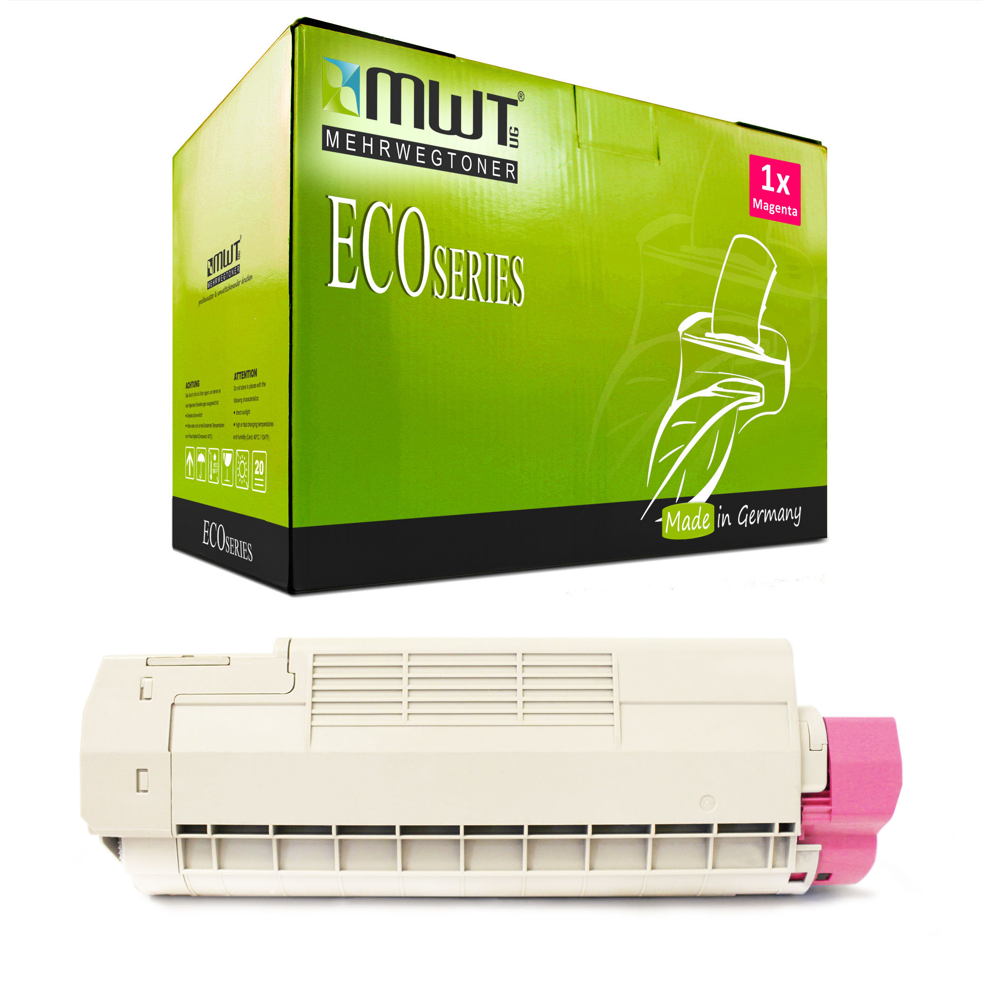 Magenta-Druckertoner mit Karton im Hintergrund. Auf der Box steht 'ECO SERIES'.
