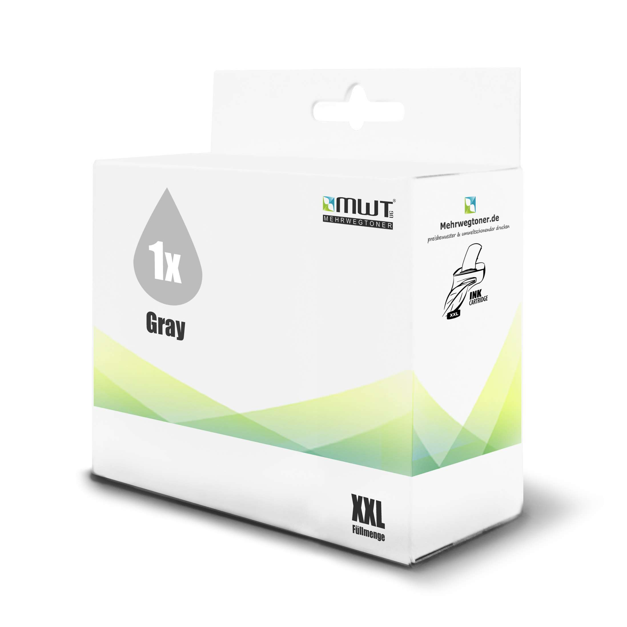 Weiße Box mit grauer Tintenpatrone. Die Box hat das 'MWT'-Logo und 'XXL' darauf.
