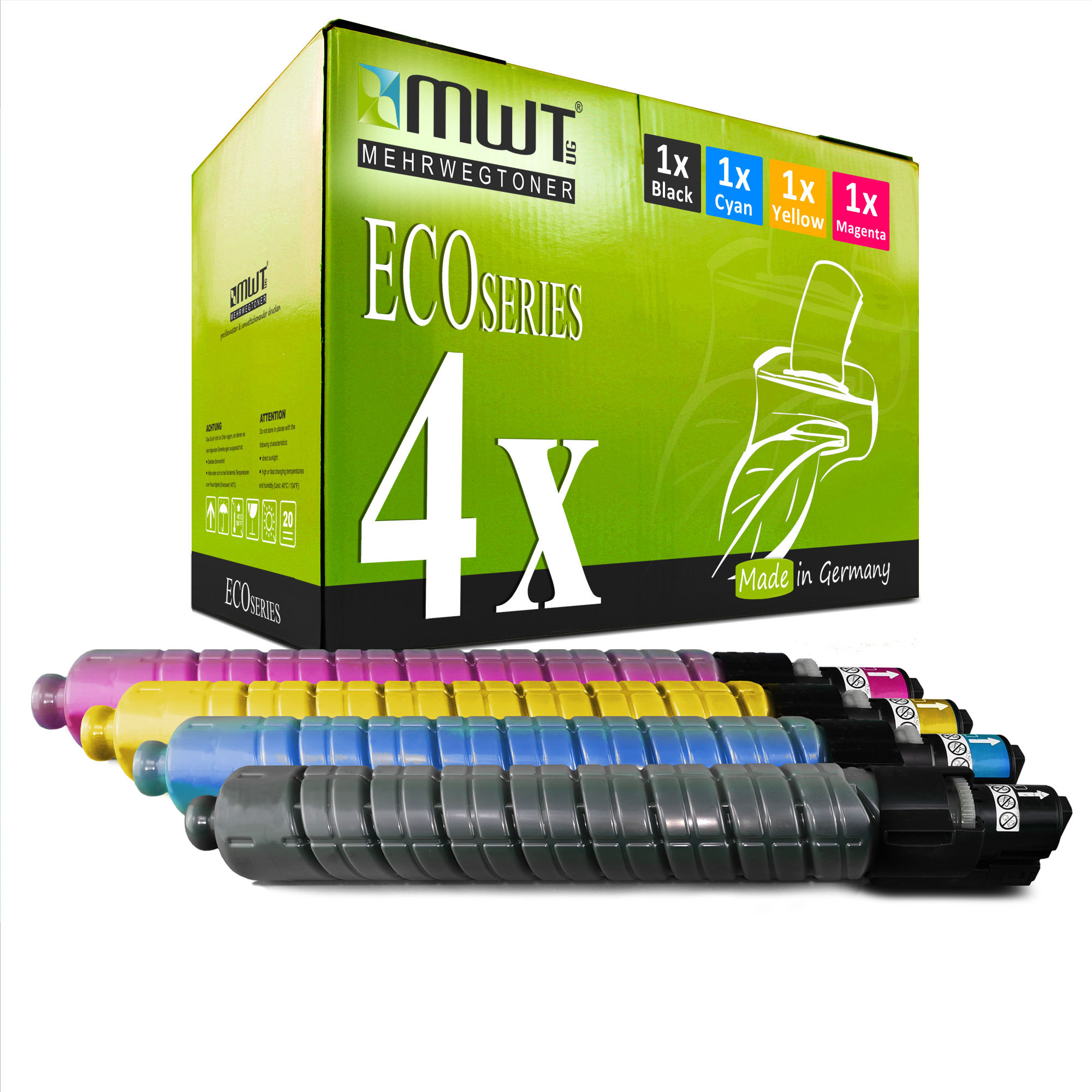 Grüne und gelbe Tintenpatronenbox mit 4x schwarzen, cyanfarbenen, gelben und magentafarbenen Patronen.