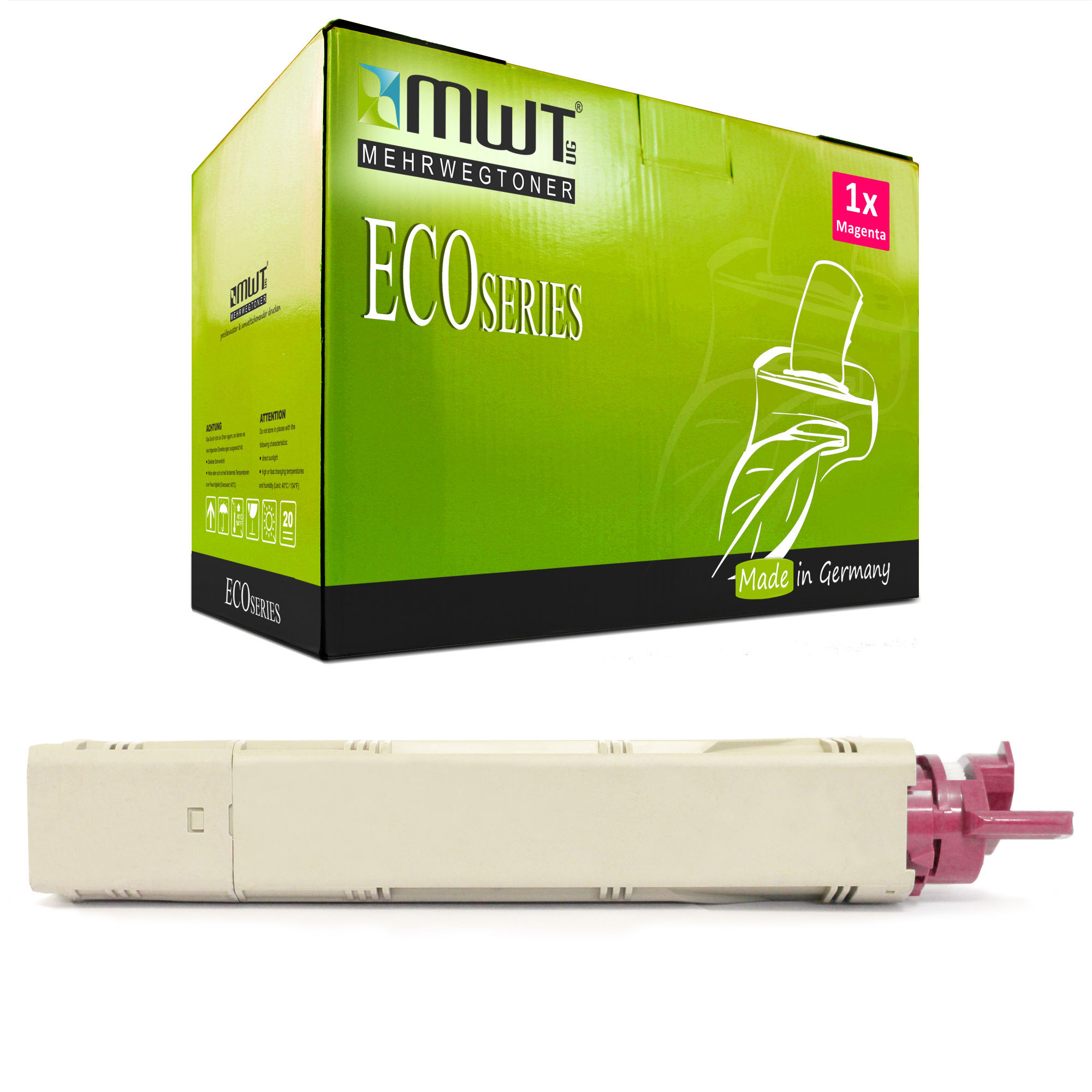 Eine grüne Schachtel mit einer magenta Patrone und eine Magenta-Patrone. Die Schachtel sagt ECO SERIES.