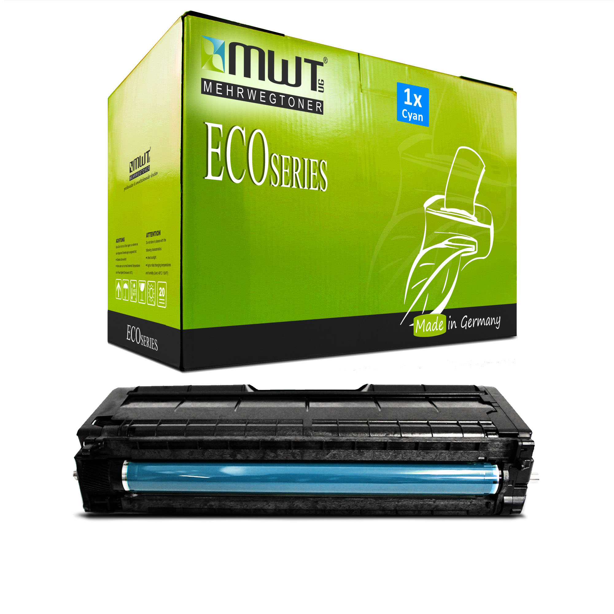 Cyanfarbene Tonerkartusche und grüne Schachtel. Die Schachtel sagt ECO SERIES und hat ein Blatt.