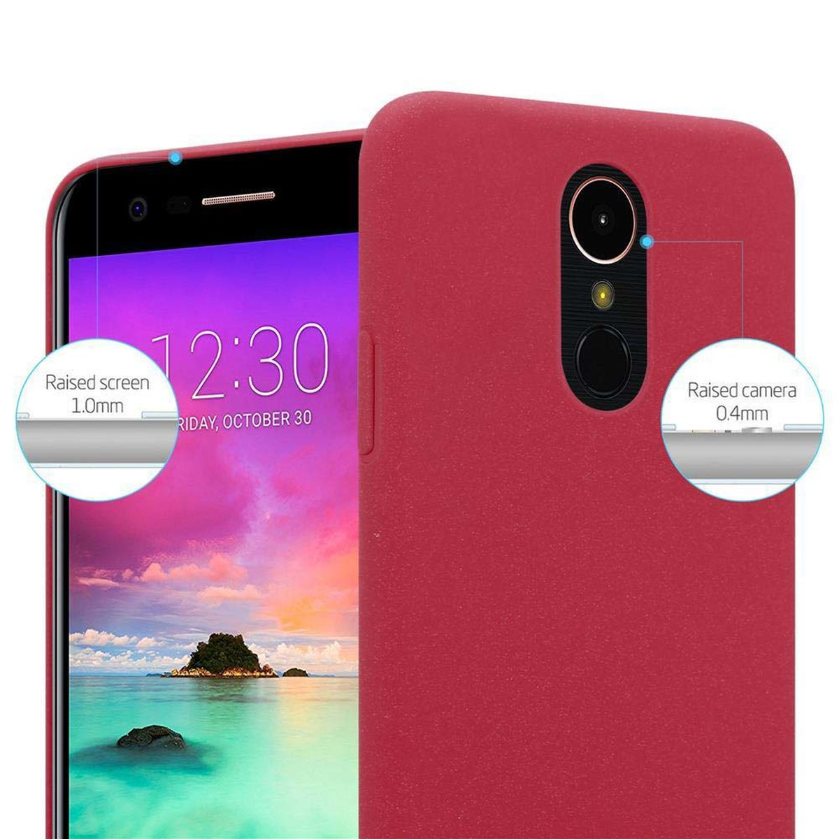 Rote Handyhülle mit Telefon. Anmerkungen zeigen, dass Bildschirm und Kamera erhöht sind.